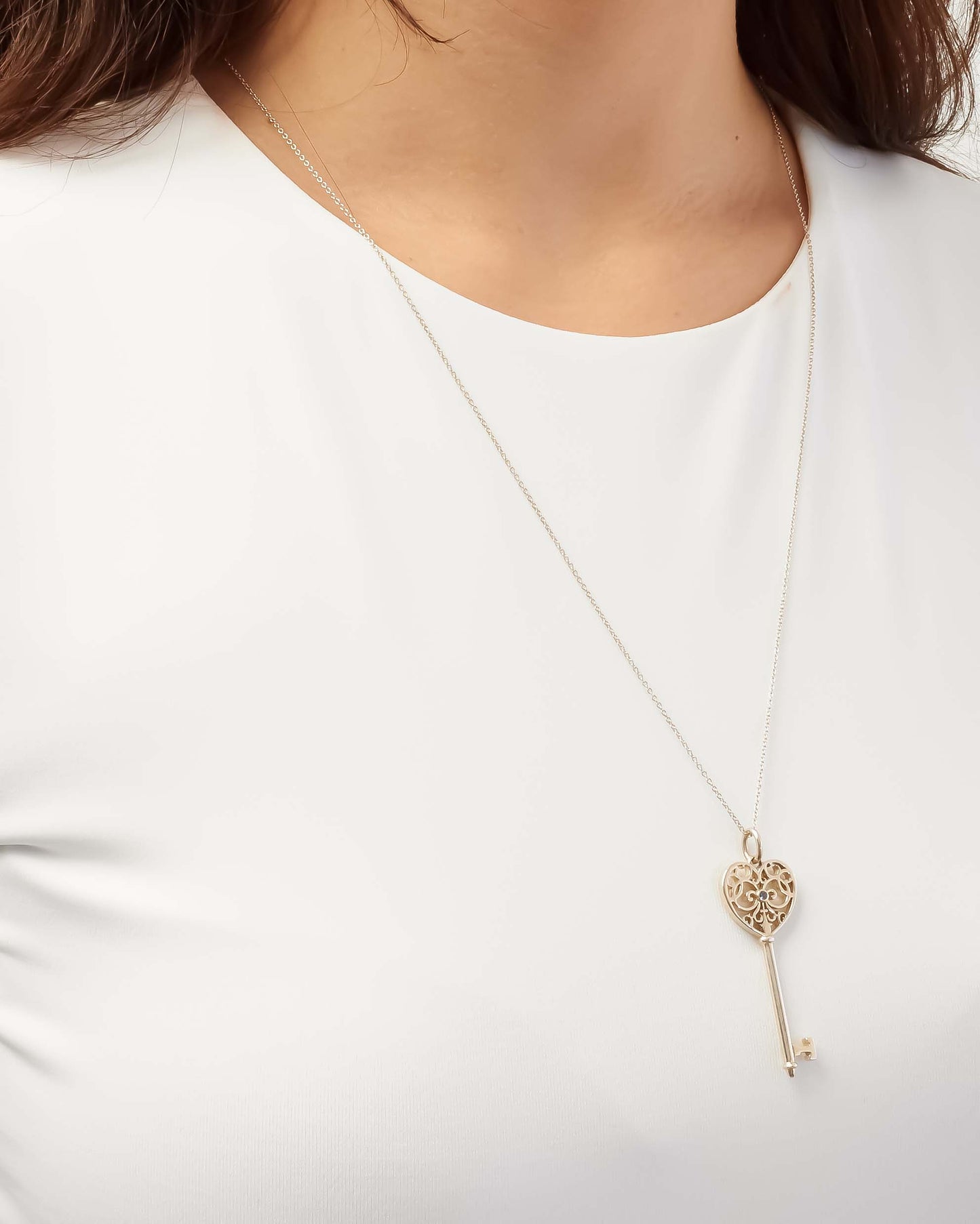 Tiffany & Co. Silver Filigree Heart Key Pendant Necklace