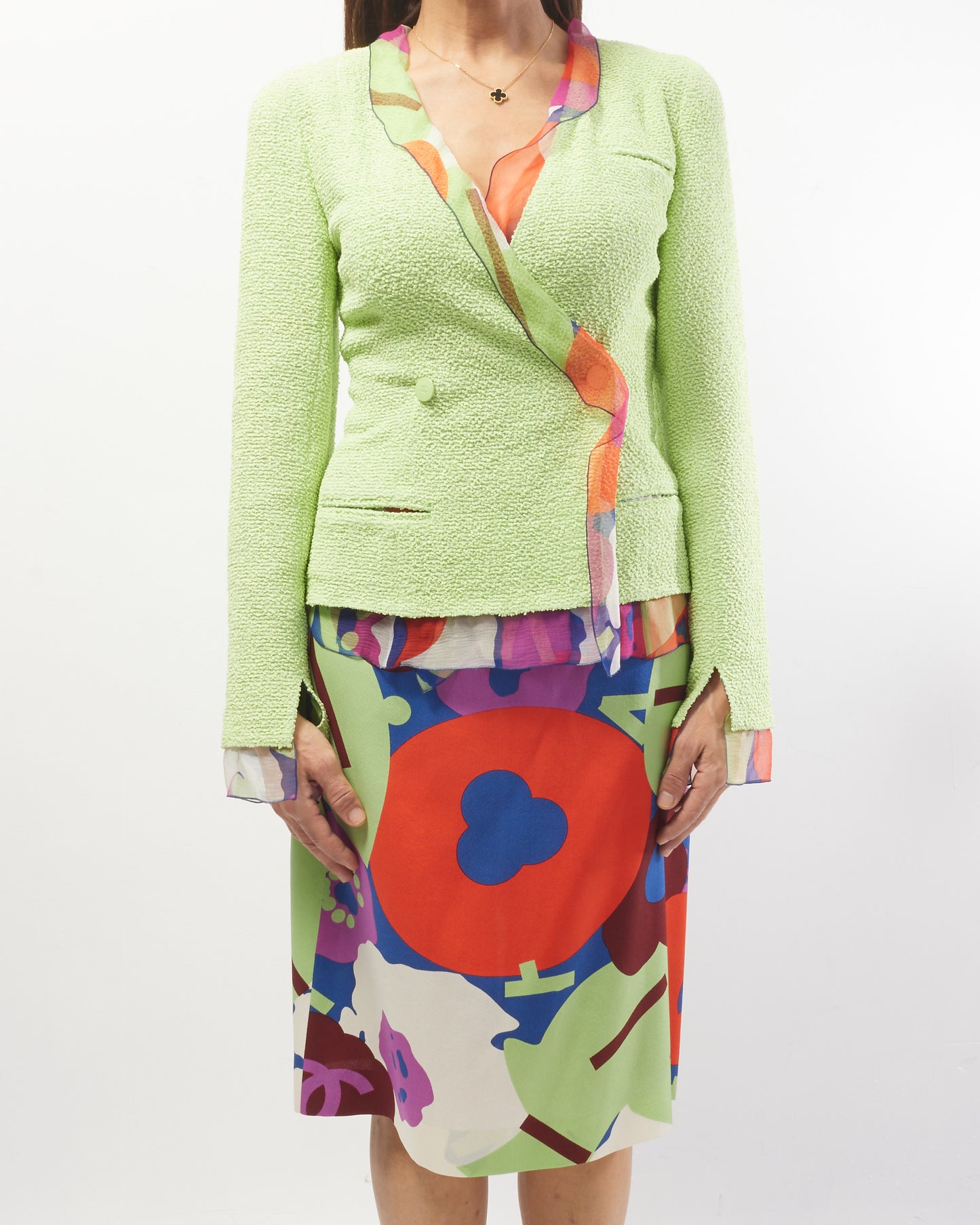 Chanel Vintage Lime Green Tweed Blazer & Multicolor Flower Skirt Suit Set - 34
