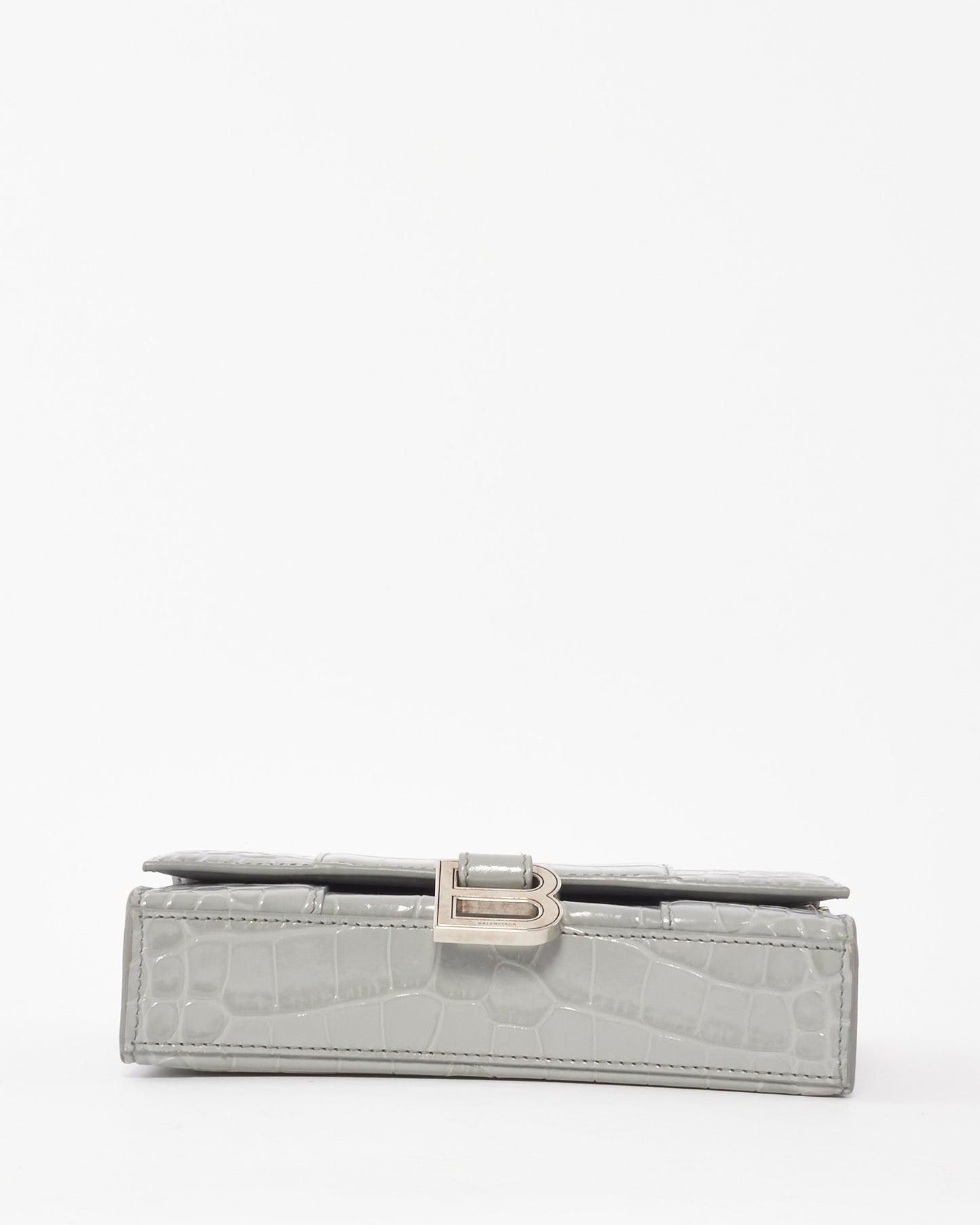 Balenciaga Light Grey Croc Embossed Hourglass Wallet On Chain