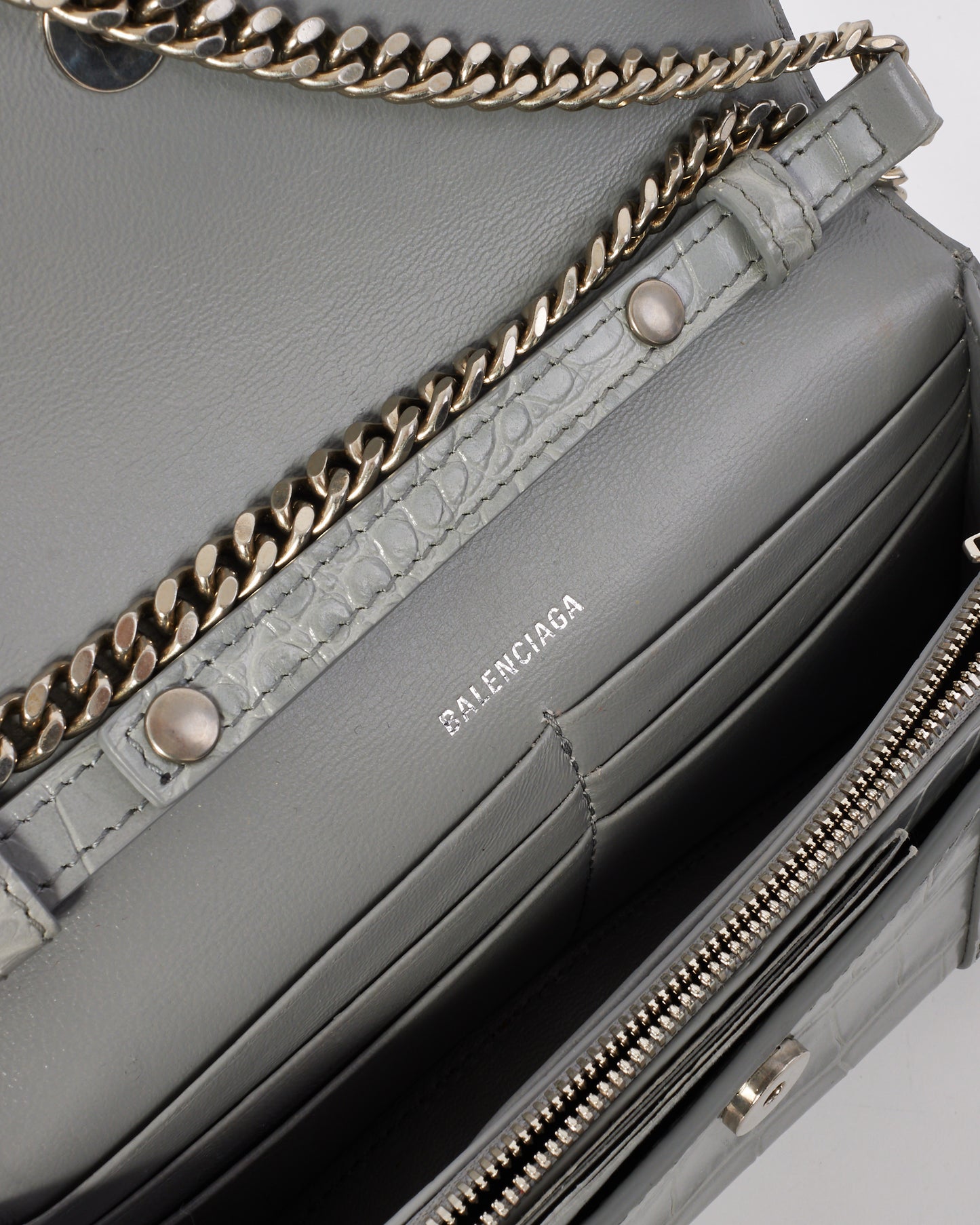 Balenciaga Light Grey Croc Embossed Hourglass Wallet On Chain