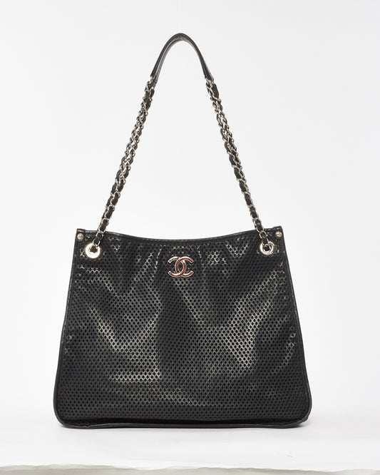 Chanel Black Perforated Leather CC Logo Tote Bag