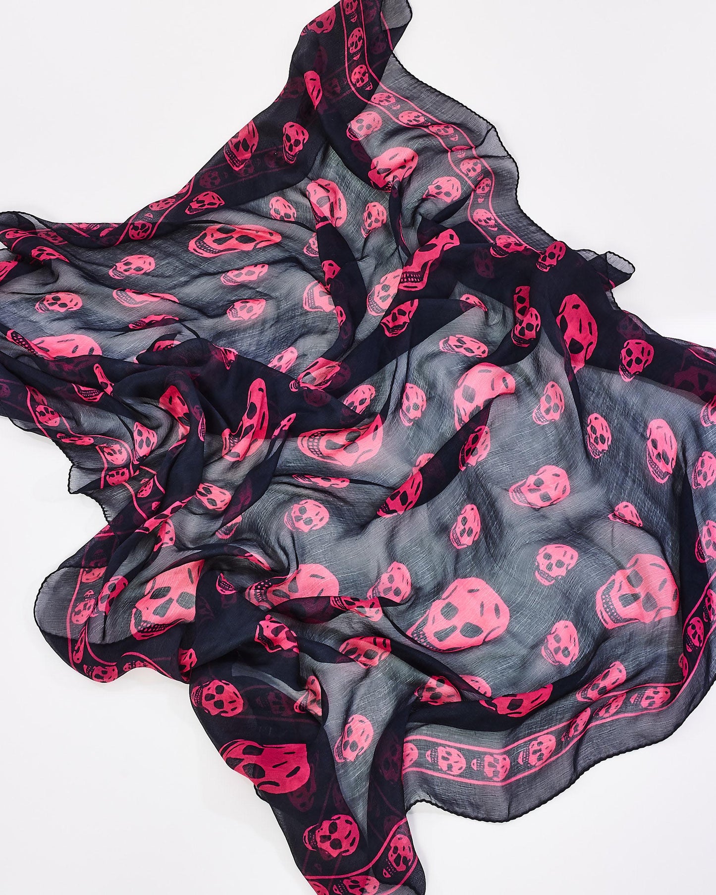 Alexander McQueen Black & Pink Skull Chiffon Scarf