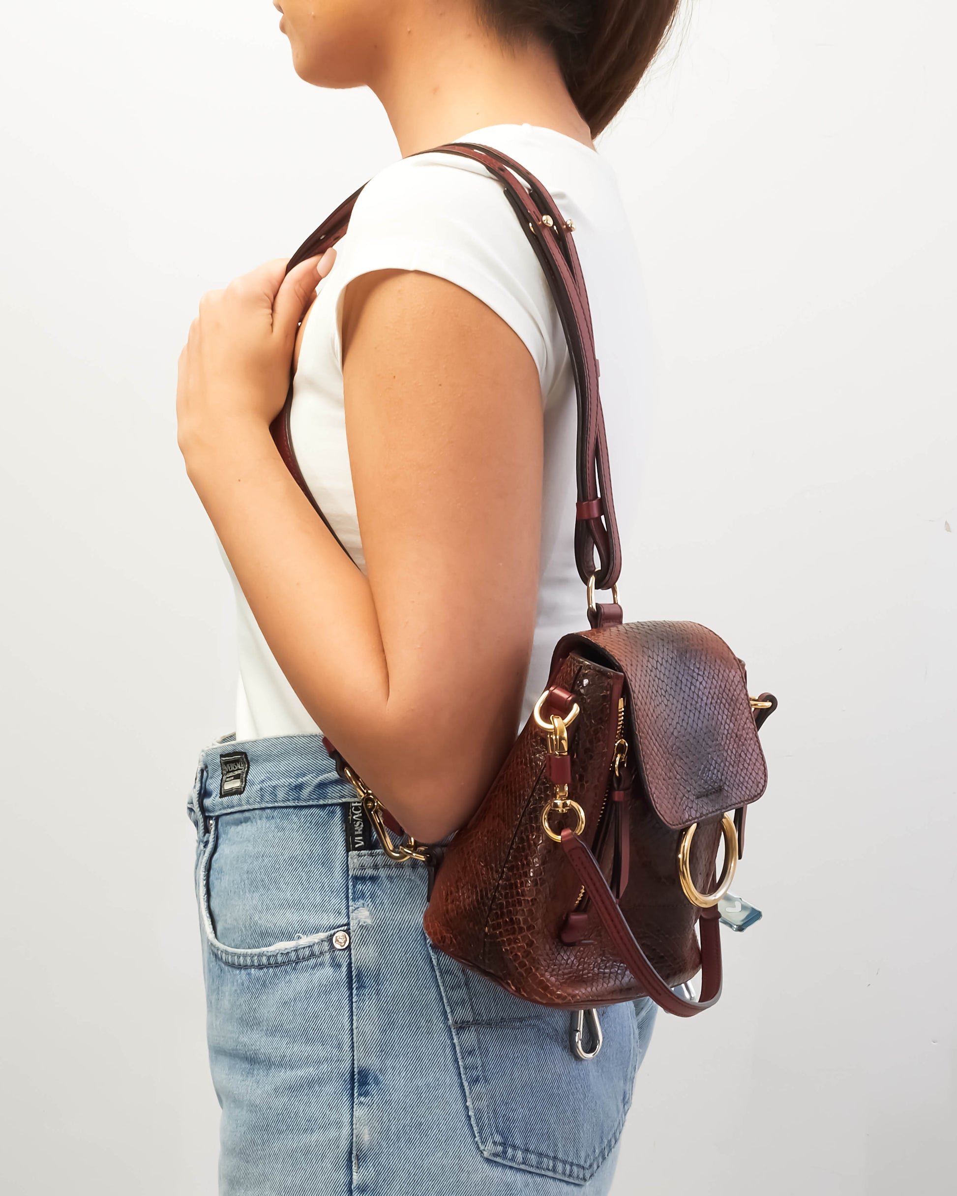 chloe faye backpack mini black Calfskin Milan Luxe Leather logo patch and patch pocket at interior Leather Bag Chloe Faye Bag