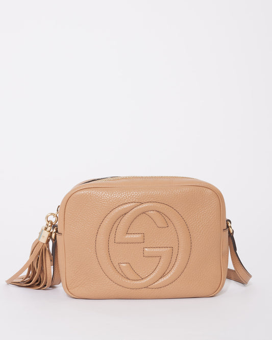 Gucci Beige Leather Embossed Logo Soho Disco Crossbody Bag