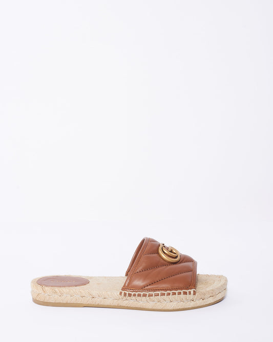 Gucci Brown Leather GG Marmont Espadrille Slide Sandals - 38.5