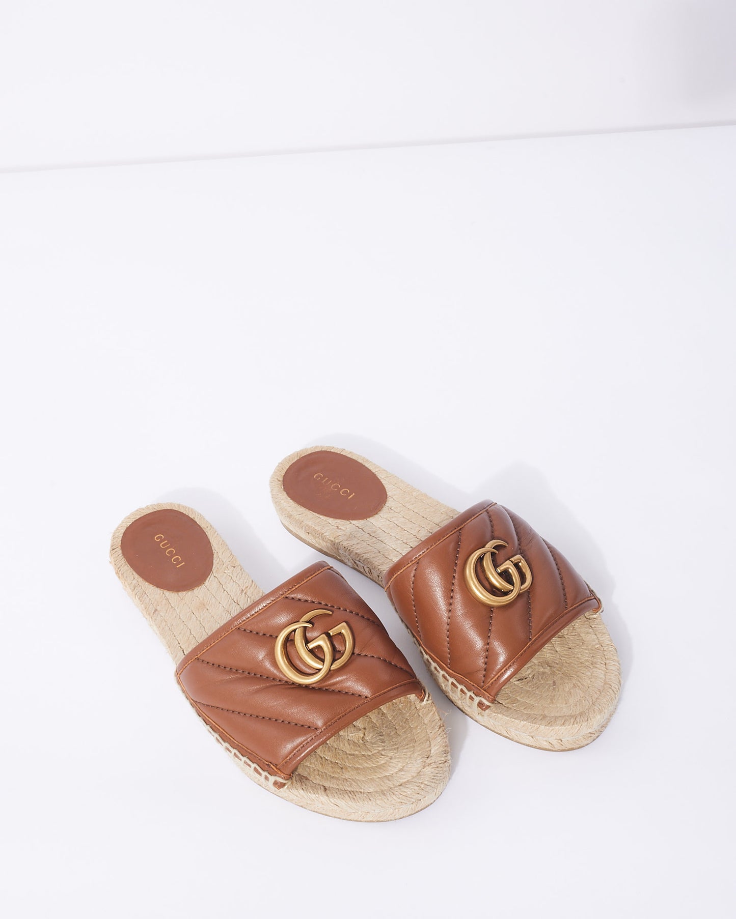 Gucci Brown Leather GG Marmont Espadrille Slide Sandals - 38.5