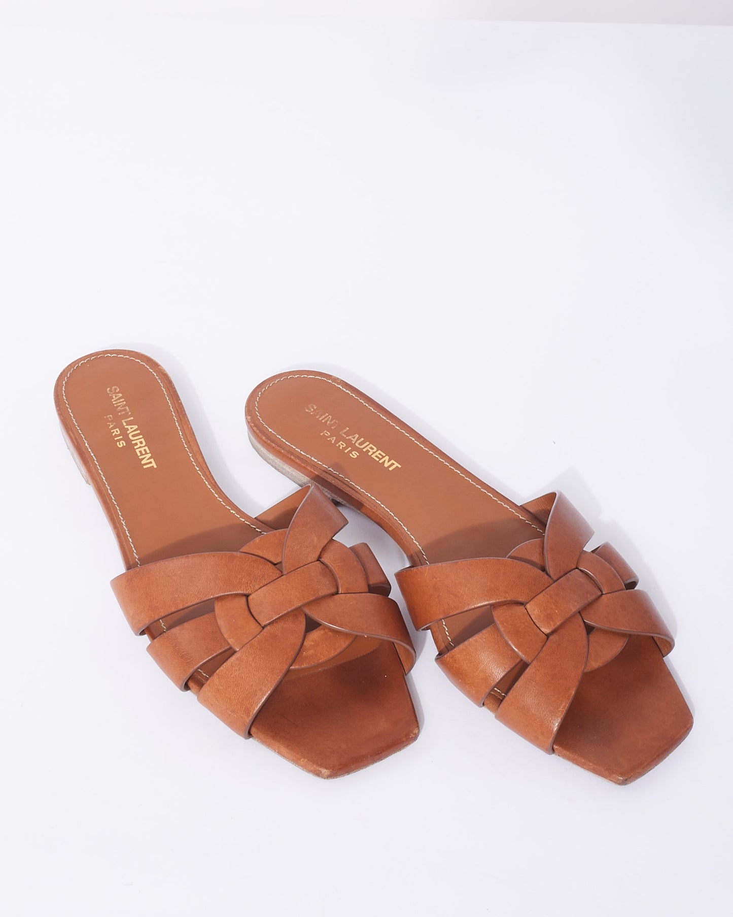 Saint Laurent Brown Leather Tribute Slide Sandals - 38