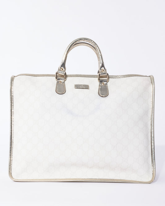 Gucci White Monogram GG Supreme Canvas & Silver Trim Top Handle Bag