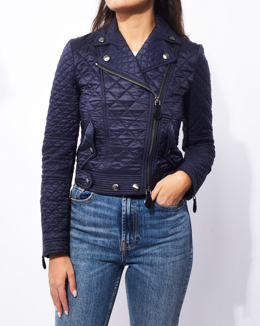 Burberry Navy Blue Quilted Nylon Moto Style Jacket - XS