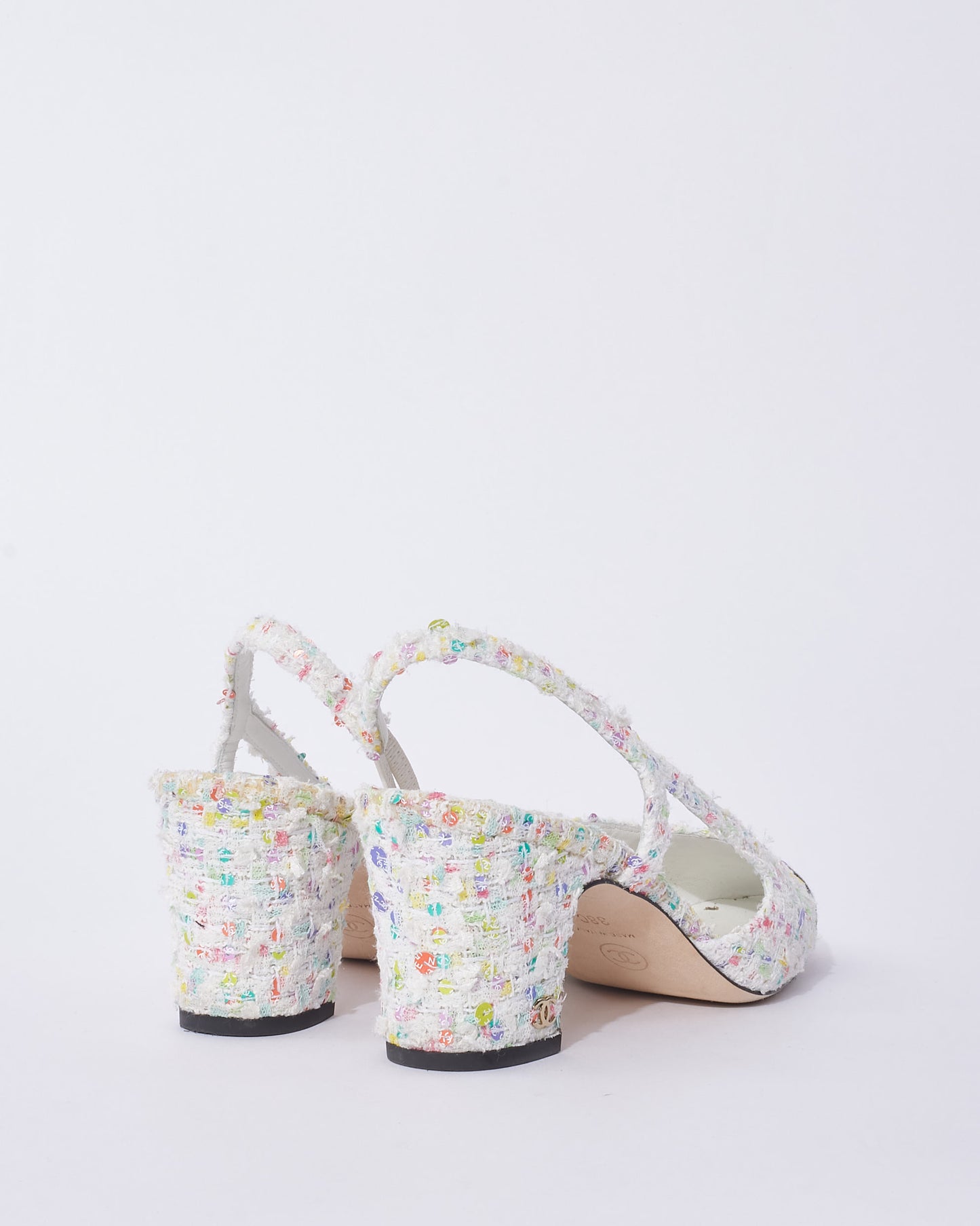 Chanel White & Multicolor Tweed Sequin Block Heel Slingback Pumps - 38C