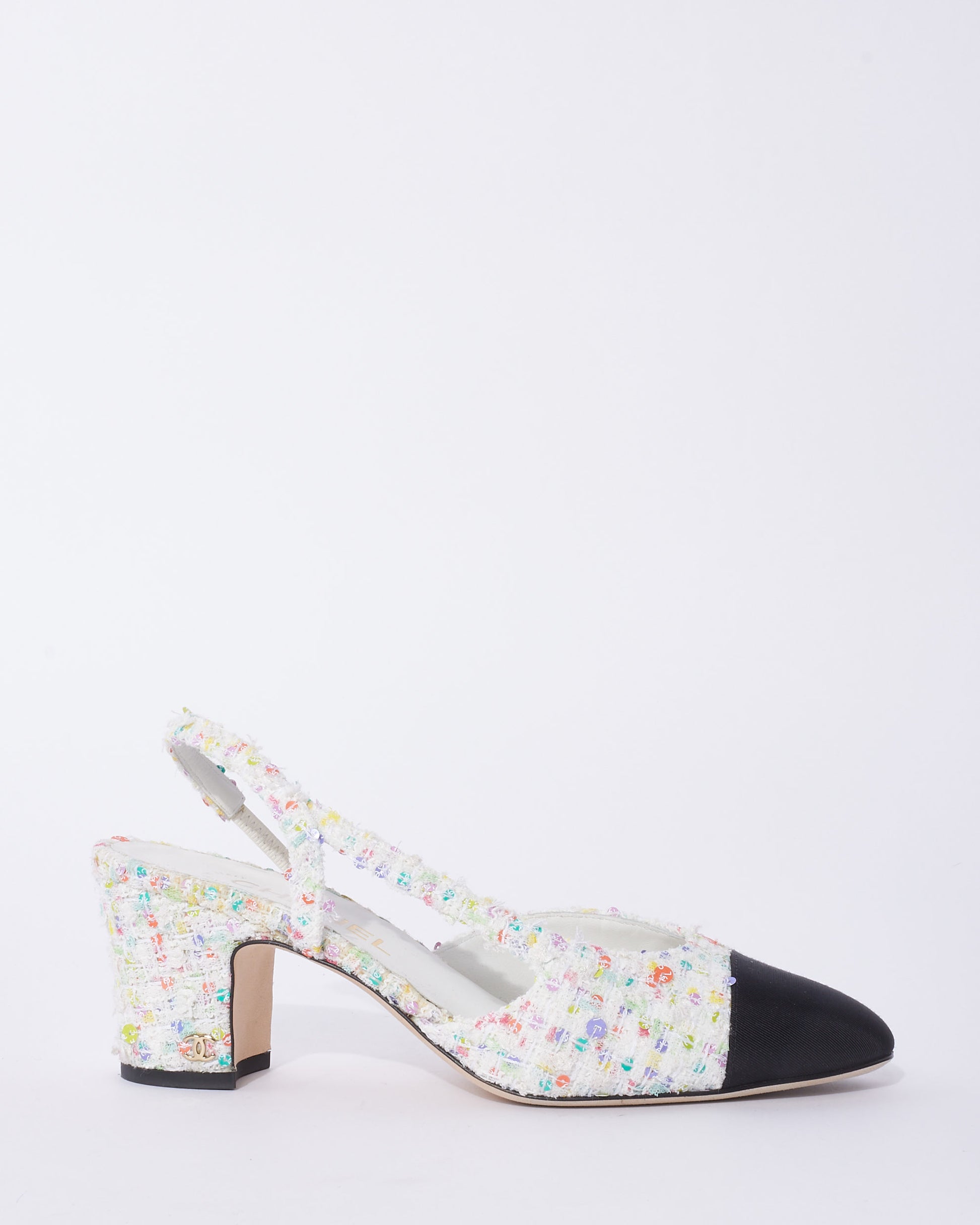Buy Chanel White Multicolor Tweed Sequin Block Heel Slingback