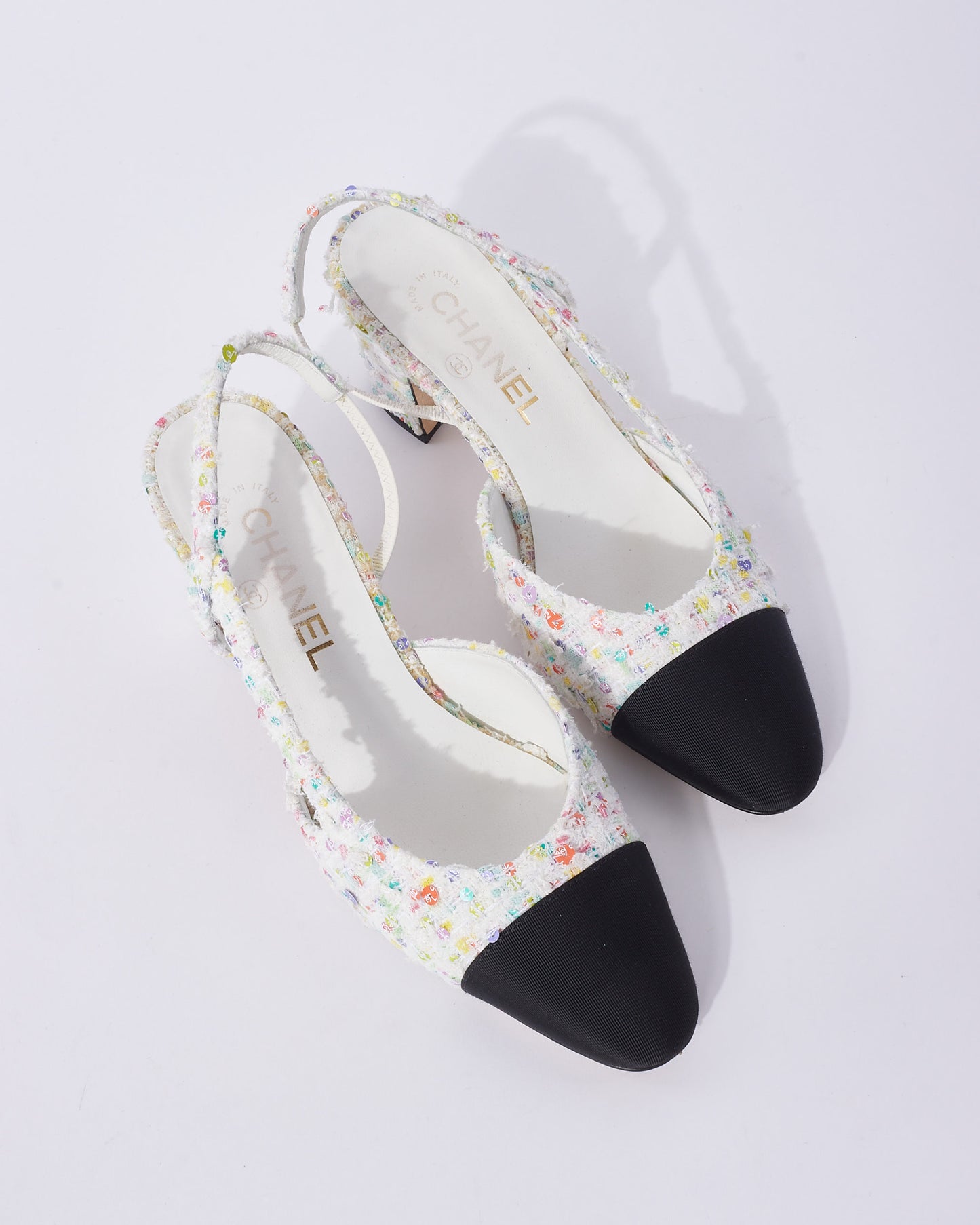 Chanel White & Multicolor Tweed Sequin Block Heel Slingback Pumps - 38C