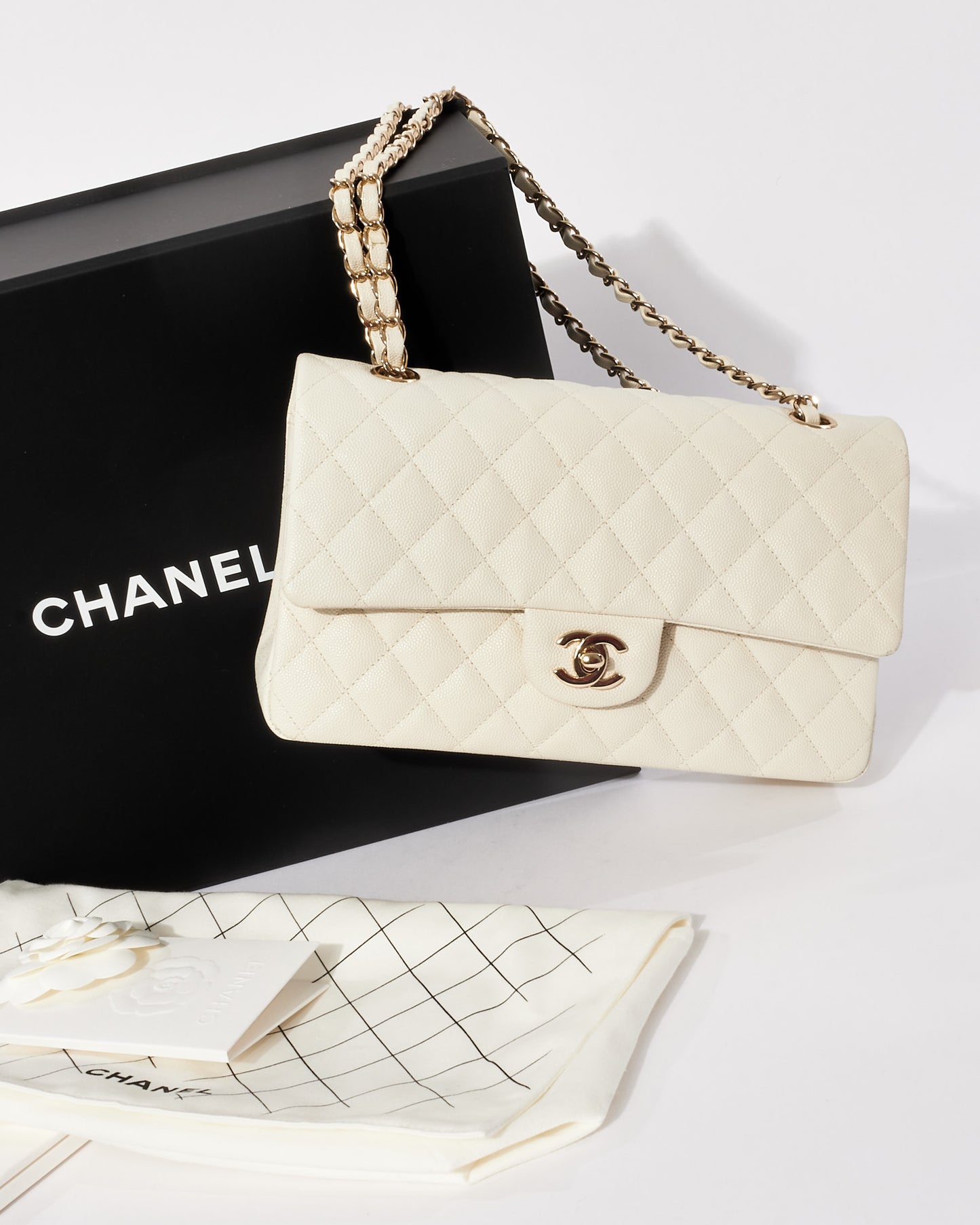Chanel White Caviar Leather Medium Double Flap Bag CPHW