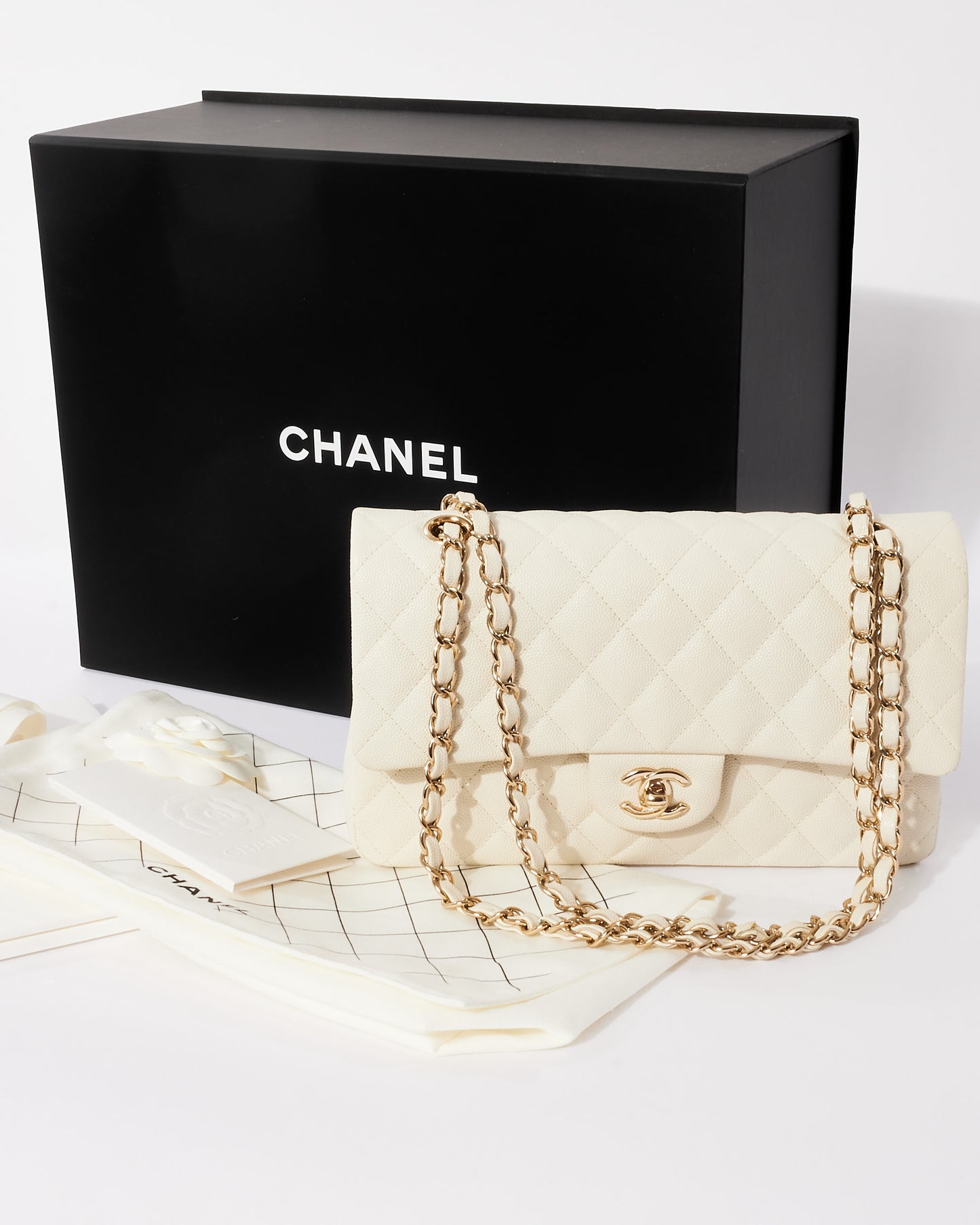 Chanel White Caviar Leather Medium Double Flap Bag CPHW