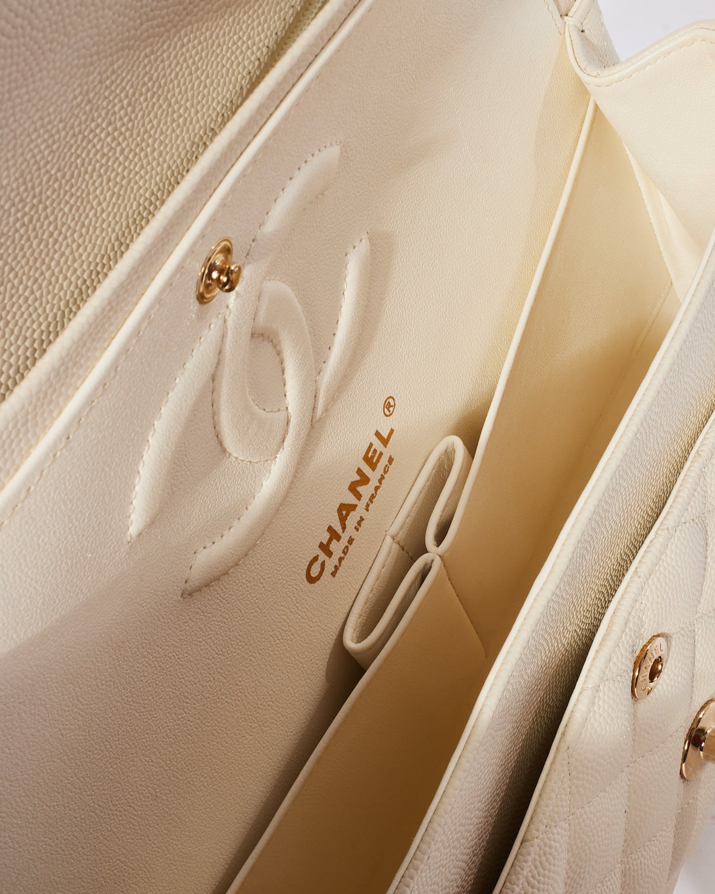 Chanel White Caviar Leather Medium Double Flap Bag CPHW