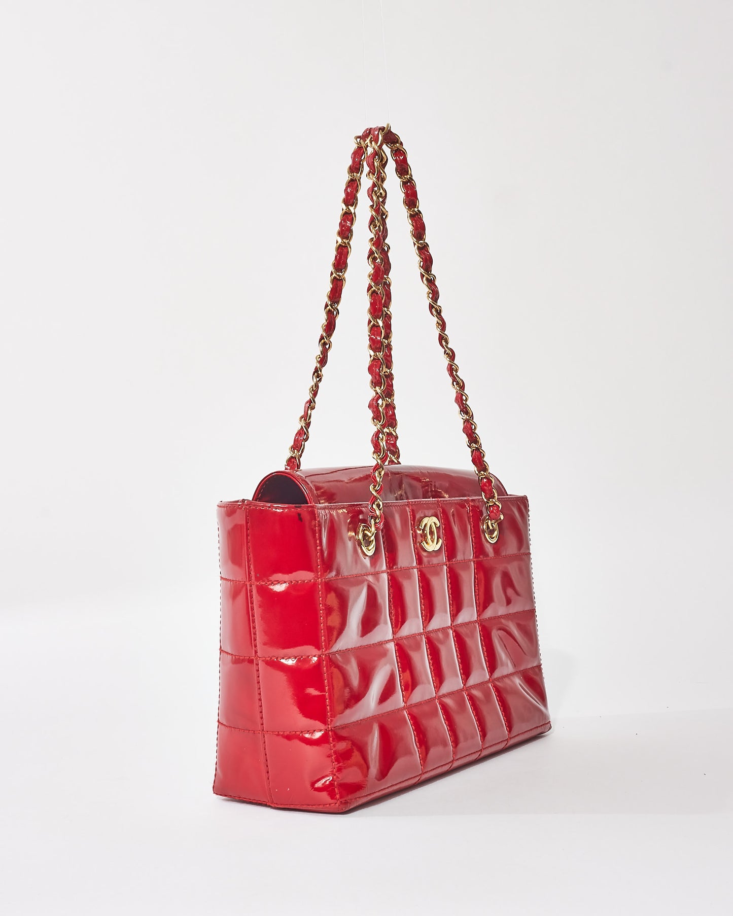 Chanel Vintage Red Patent Leather "Chocolate Bar" Tote Bag