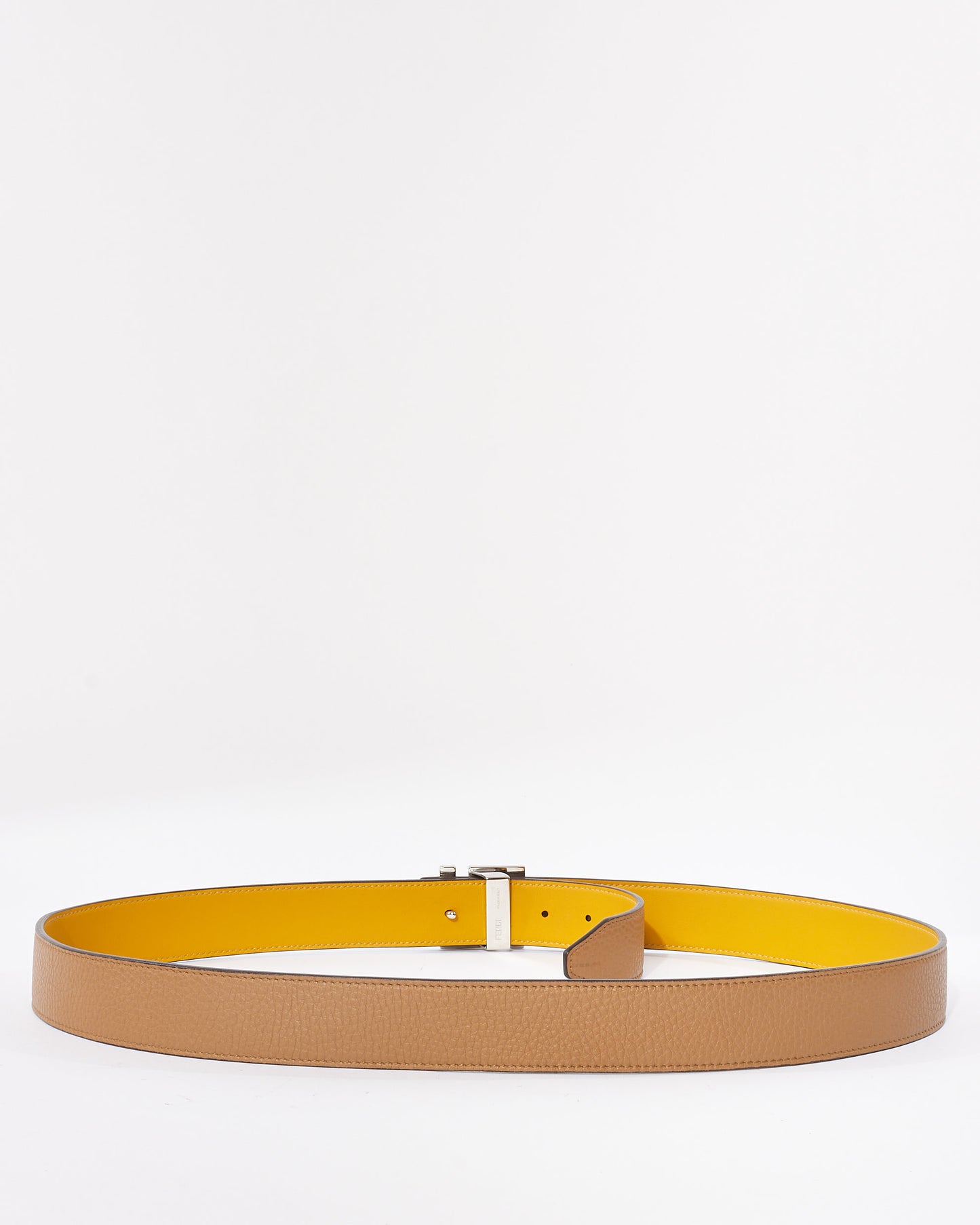 Fendi Brown/ Yellow Reversible Silver Logo Belt - 100