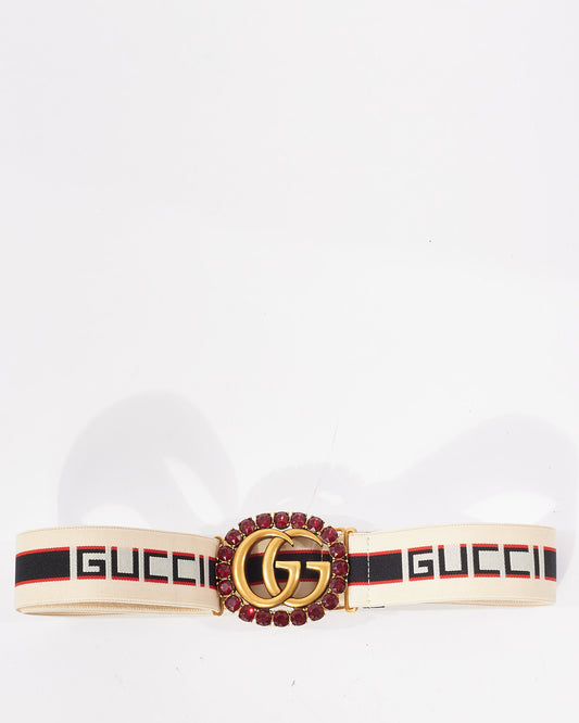 Gucci Red Crystal GG Marmont Double Stripe Adjustable Elastic Belt - 85/34