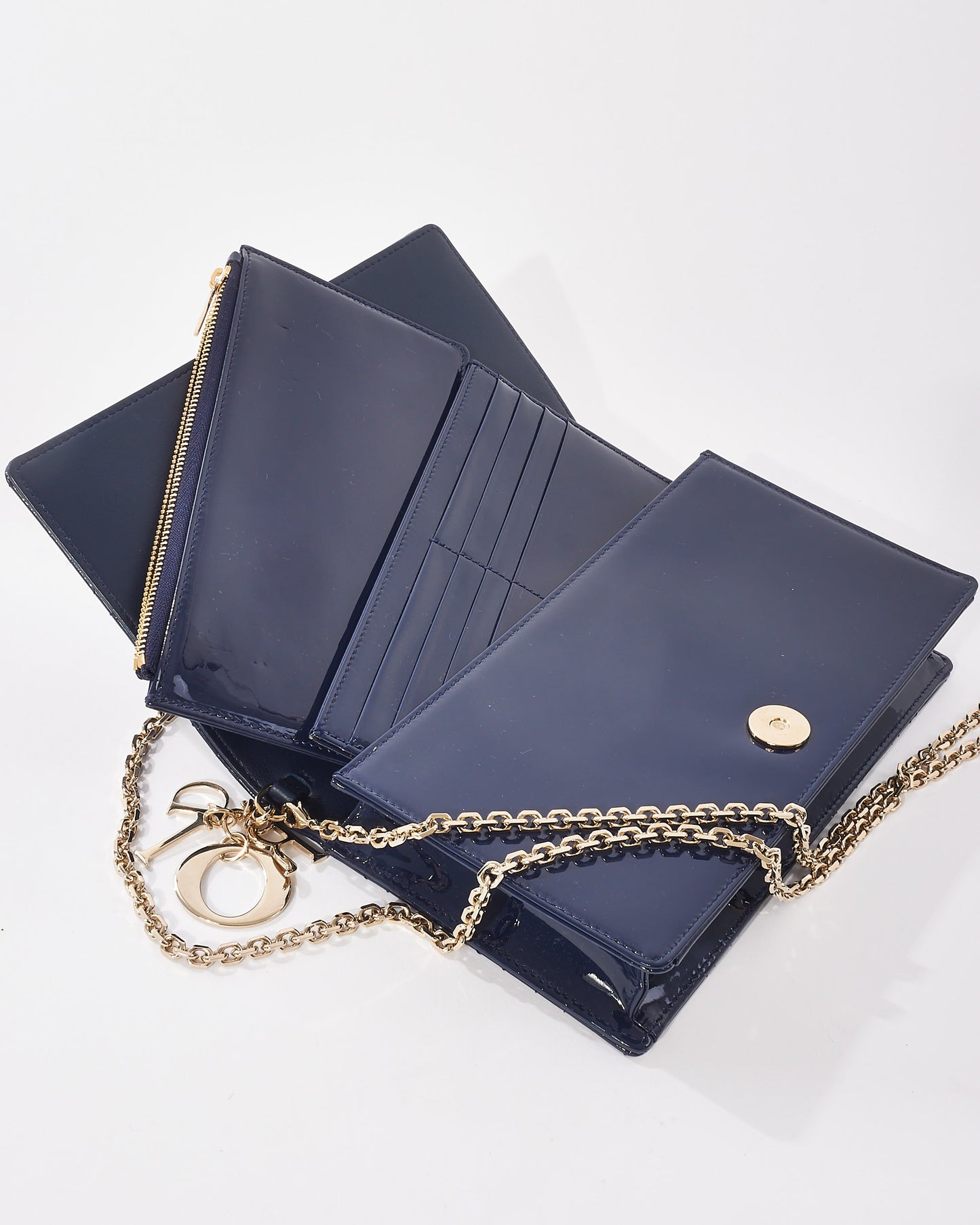 Dior Navy Blue Patent Leather Cannage Lady Dior Wallet On Chain
