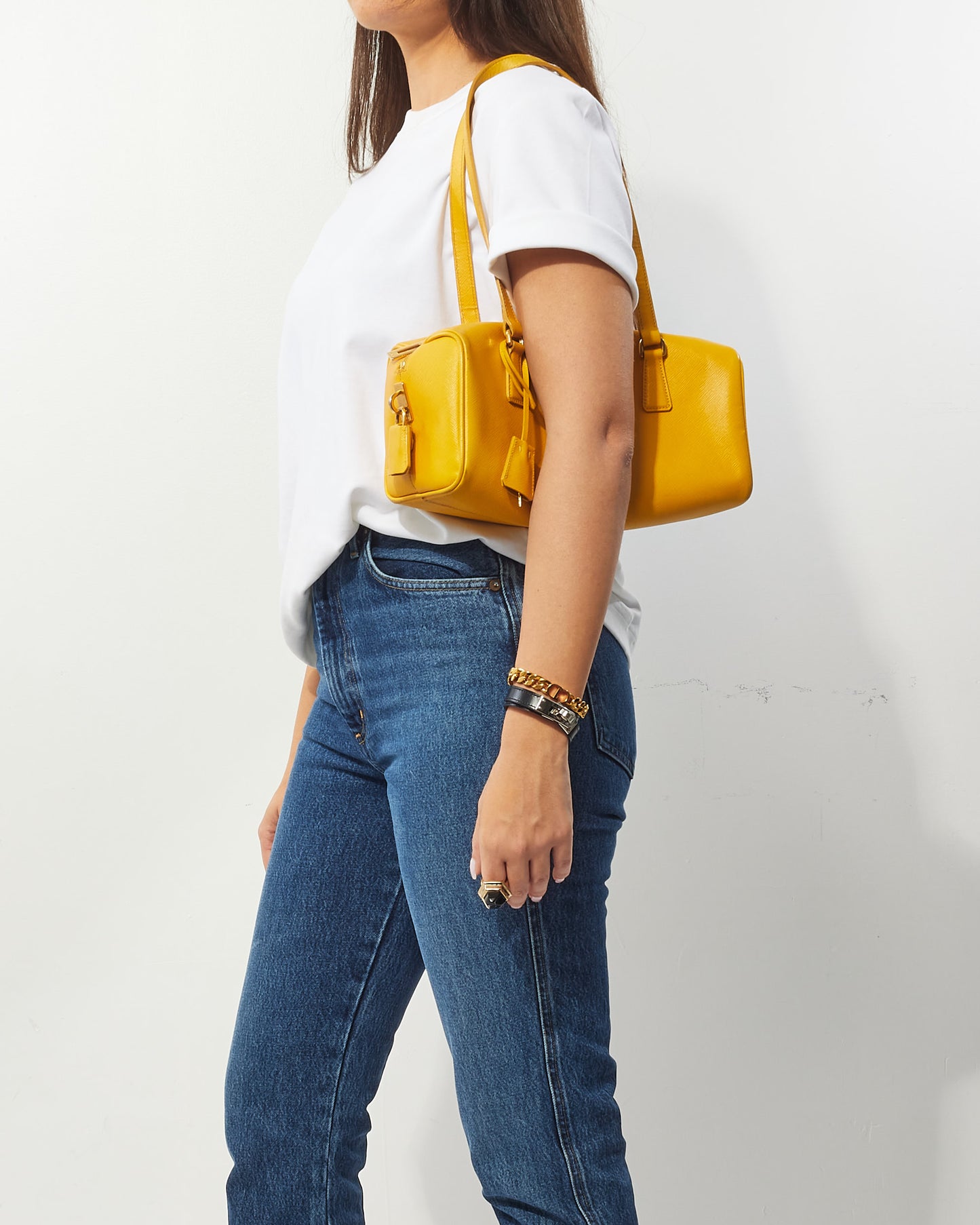 Prada Yellow Saffiano Leather Small Duffle Shoulder Bag