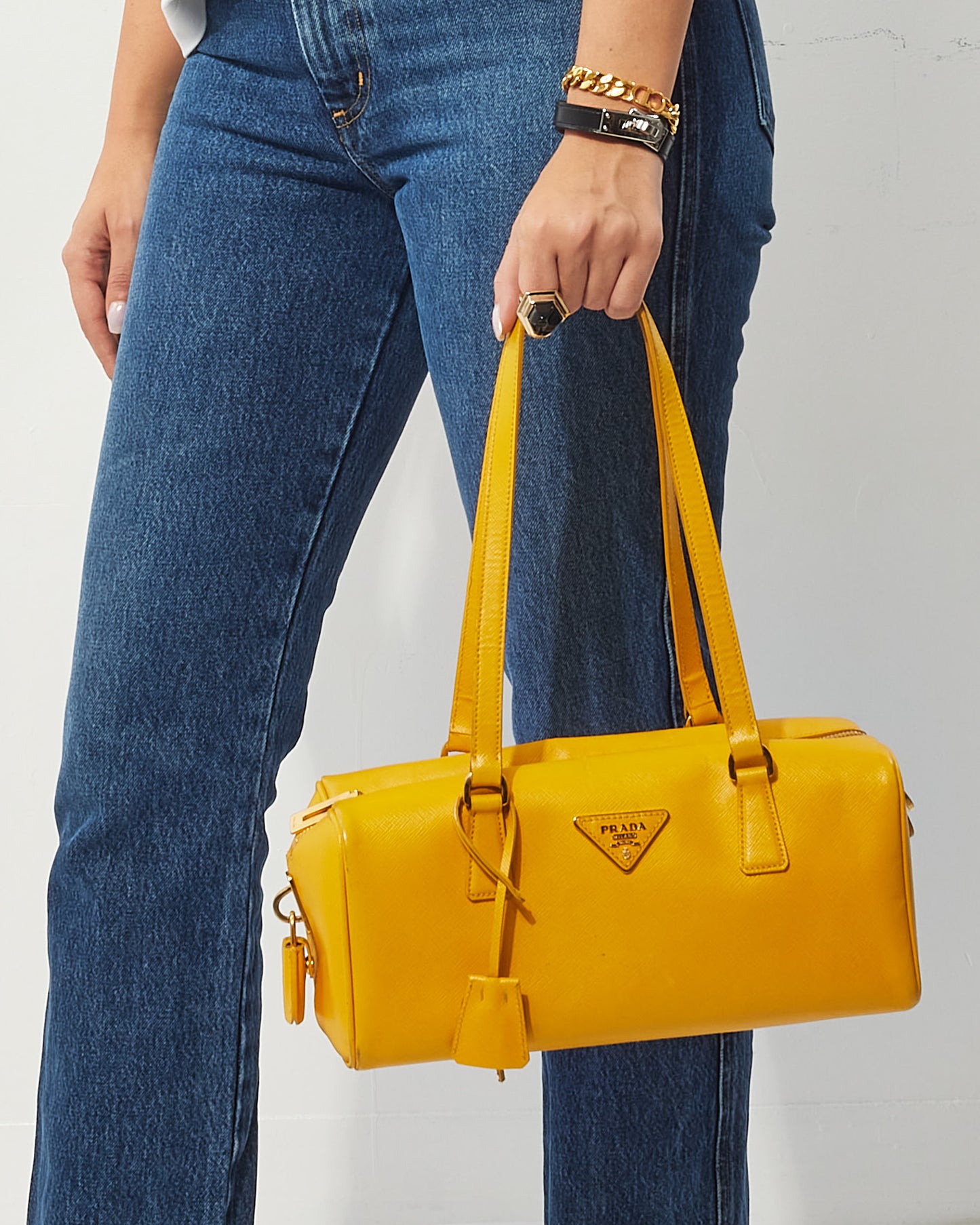 Prada Yellow Saffiano Leather Small Duffle Shoulder Bag