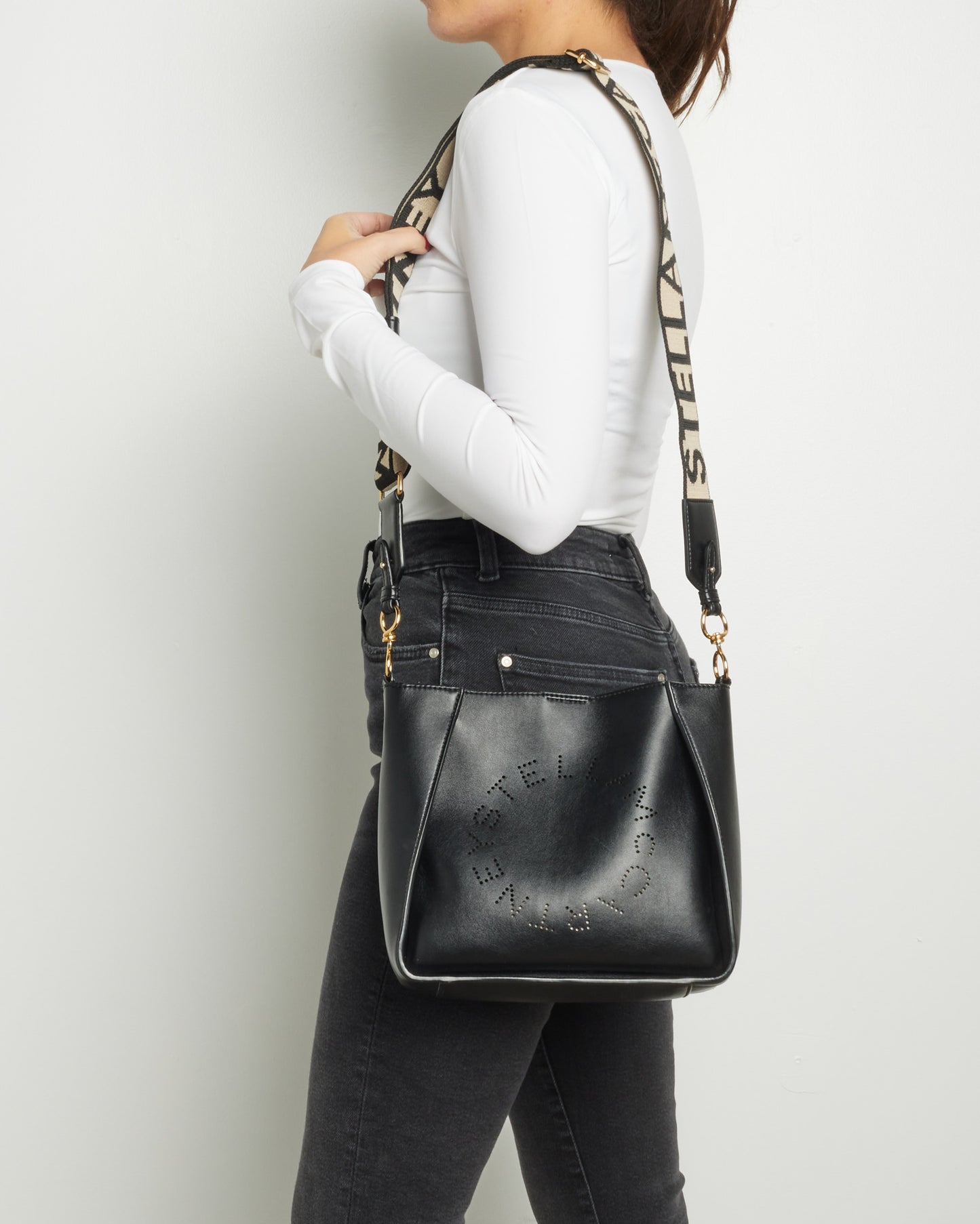 Stella McCartney Black Faux Leather Logo Shoulder Bag w/ Strap