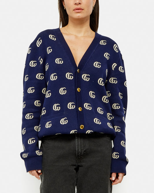 Cardigan en laine bleu marine Gucci avec logo GG en intarsia - M