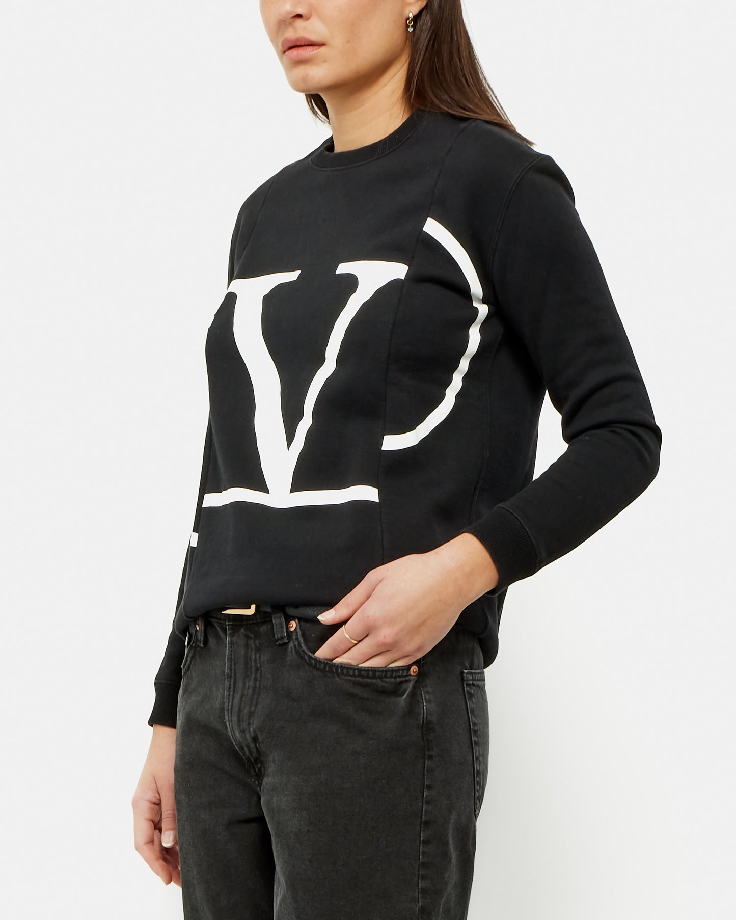 Valentino Pull à col rond en coton noir avec logo en V - XS