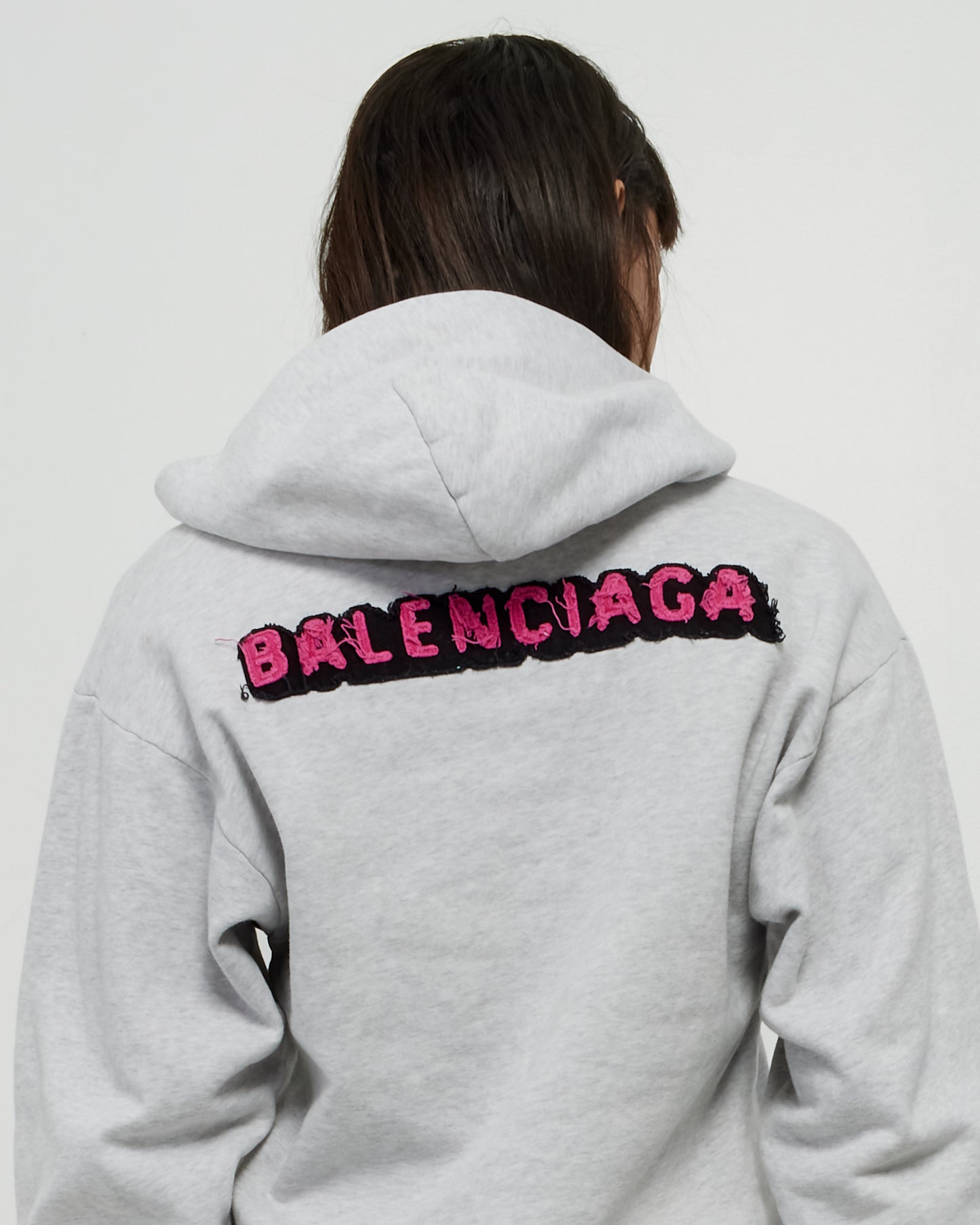Balenciaga Sweat à capuche gris en coton avec logo rose - 10 ans