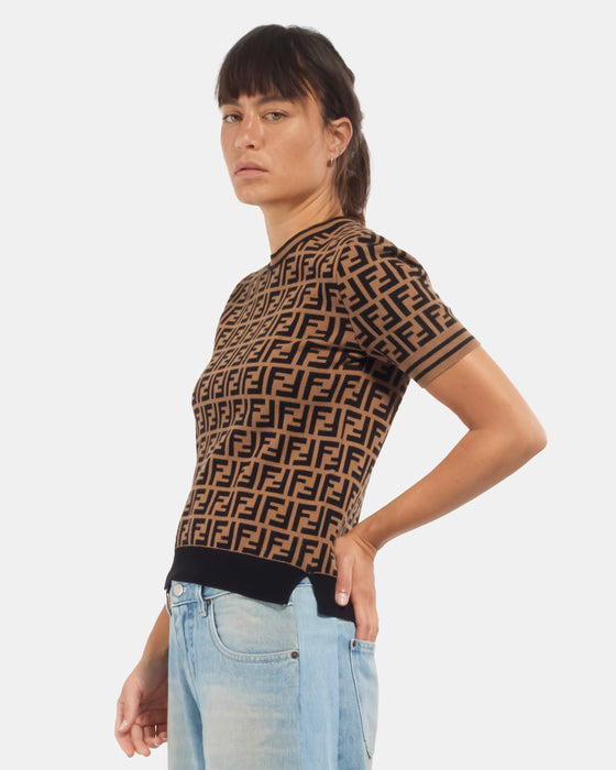 Fendi Brown Viscosa Logo Jacquard Short Sleeve Shirt - 40