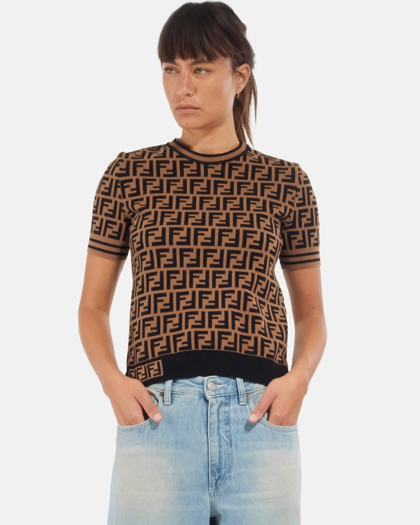 Fendi Chemise à manches courtes en jacquard avec logo en viscose marron - 40