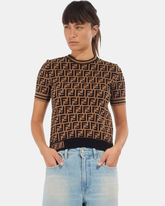 Fendi Brown Viscosa Logo Jacquard Short Sleeve Shirt - 40