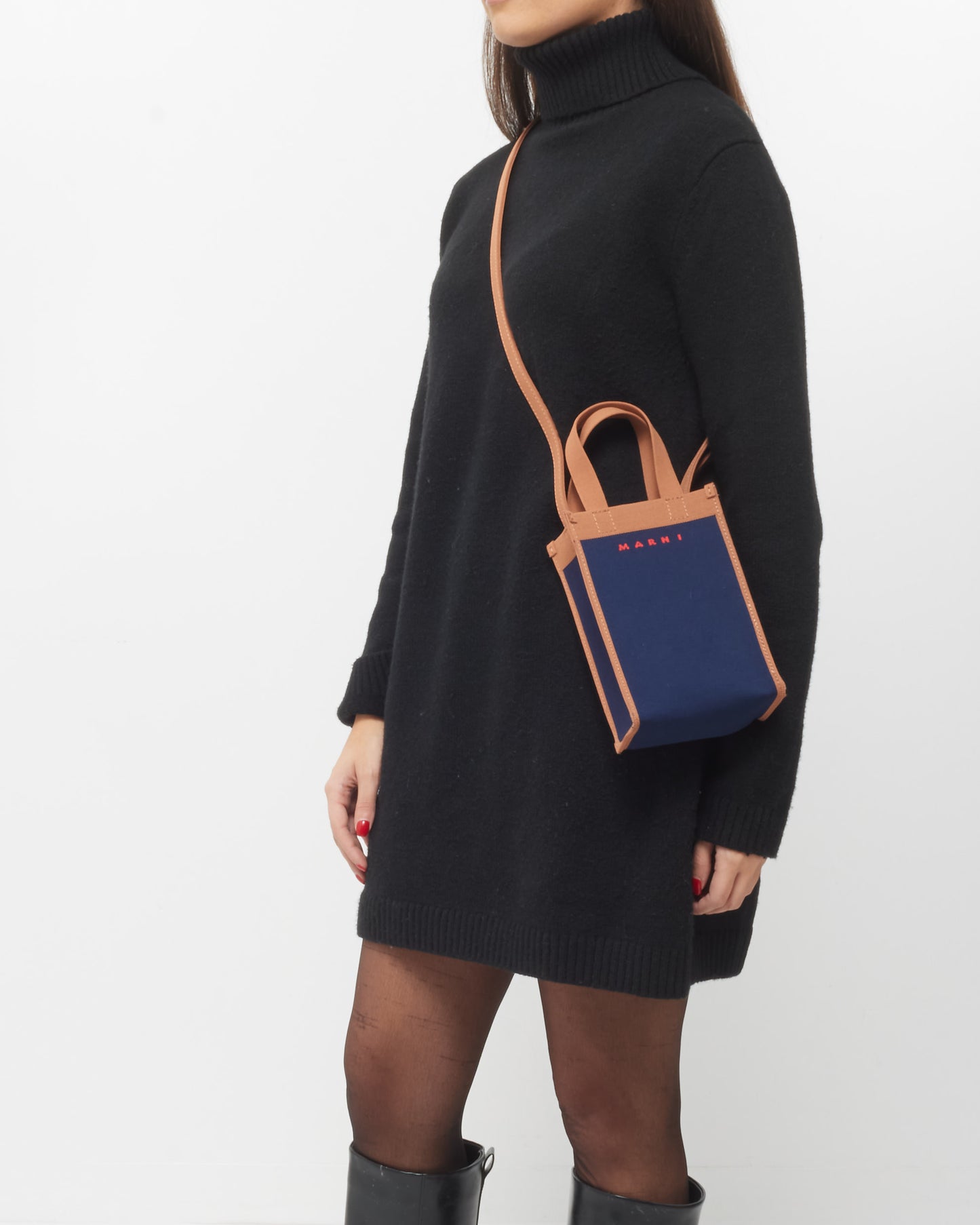 Marni Navy Blue & Brown Canvas Museo Nano Crossbody Bag