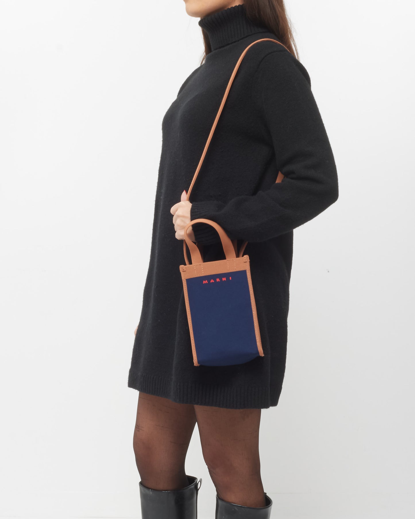 Marni Navy Blue & Brown Canvas Museo Nano Crossbody Bag