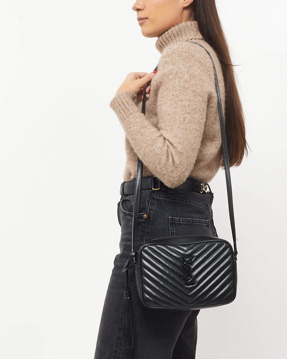 Saint Laurent Black Chevron Leather & Black Hardware Lou Camera Bag