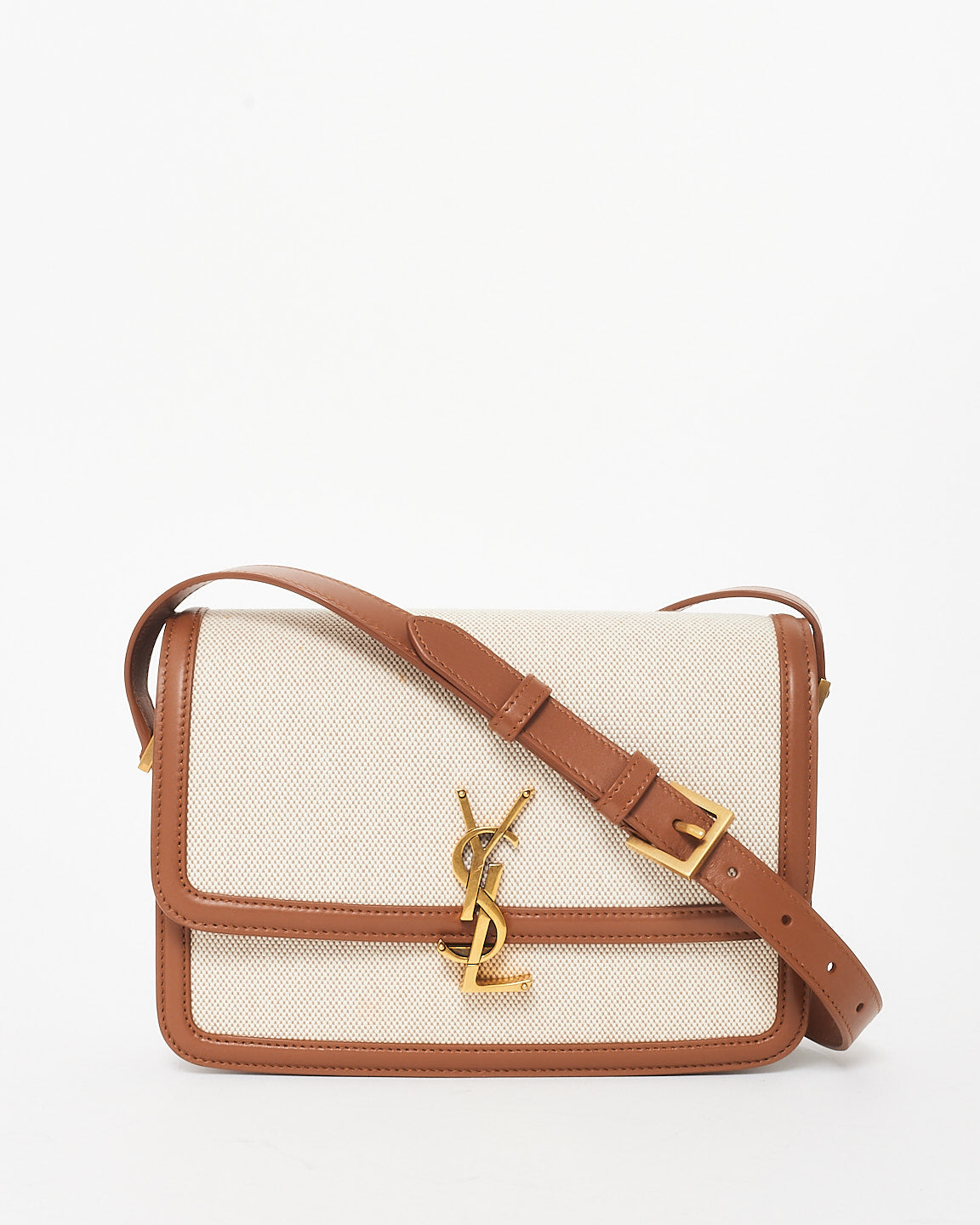 Saint Laurent Beige Canvas & Brown Leather Trim Logo Solferino Bag