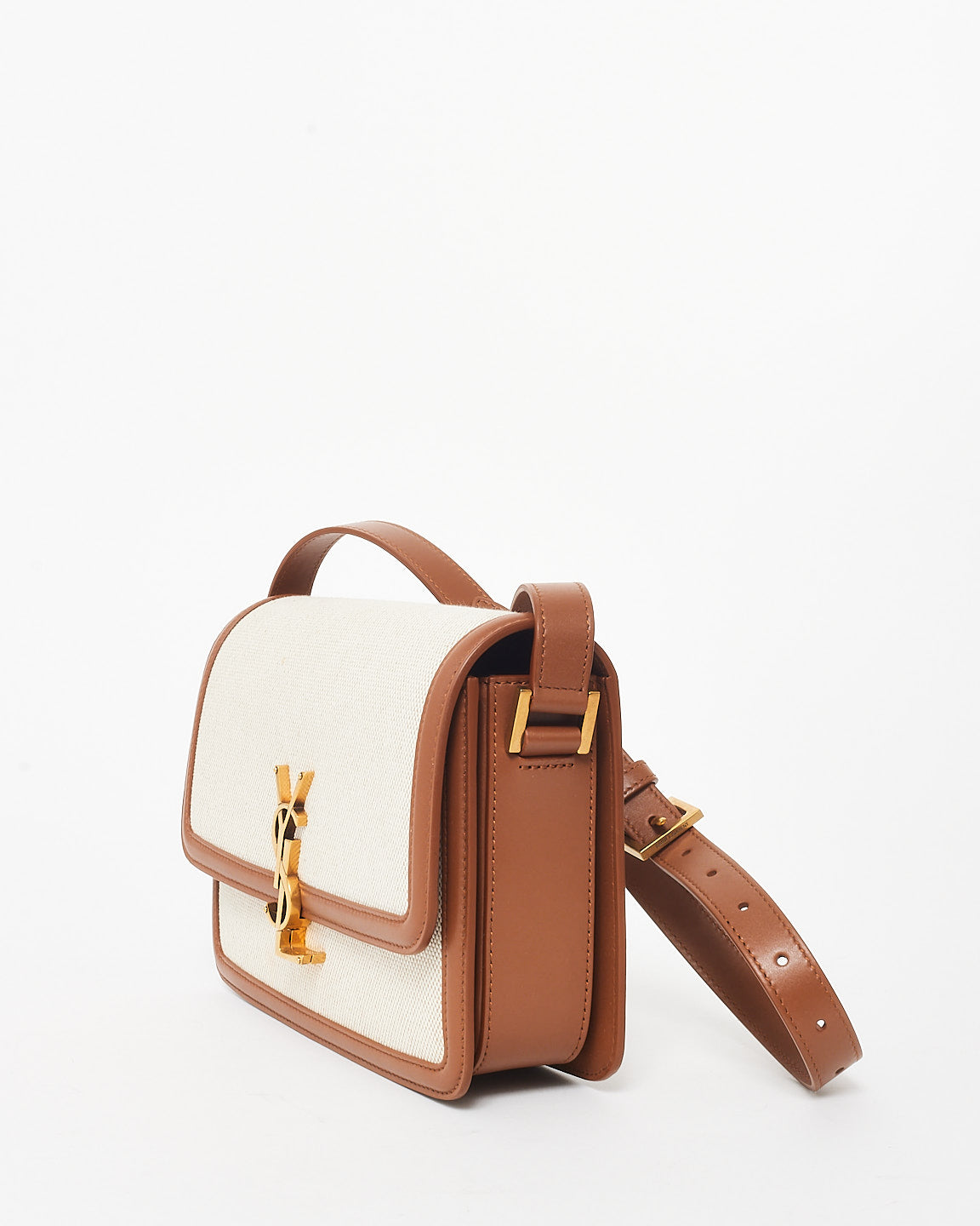 Saint Laurent Beige Canvas & Brown Leather Trim Logo Solferino Bag
