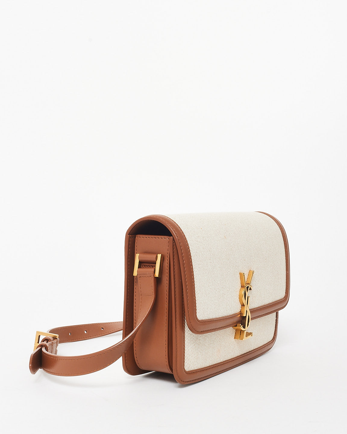 Saint Laurent Beige Canvas & Brown Leather Trim Logo Solferino Bag