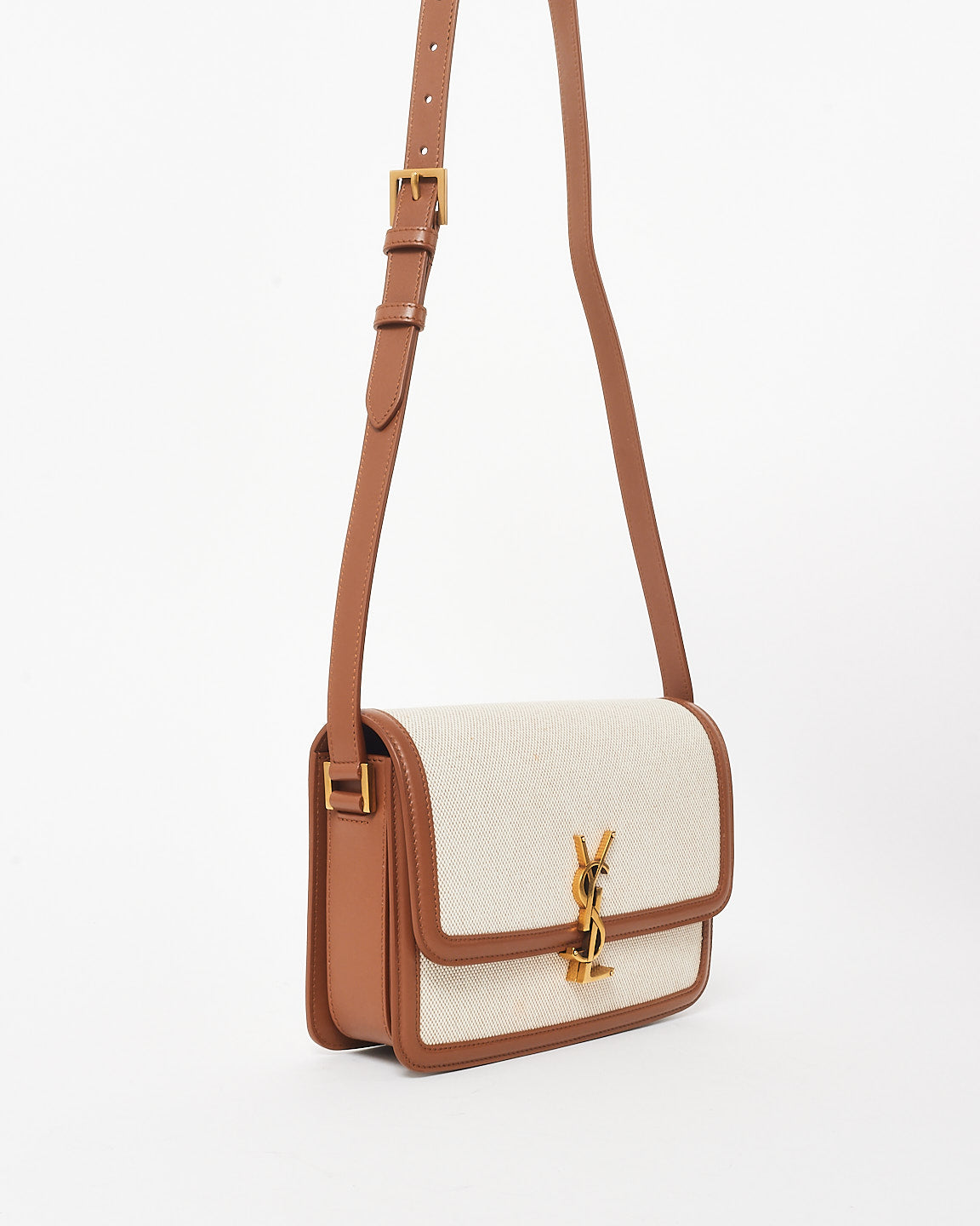 Saint Laurent Beige Canvas & Brown Leather Trim Logo Solferino Bag