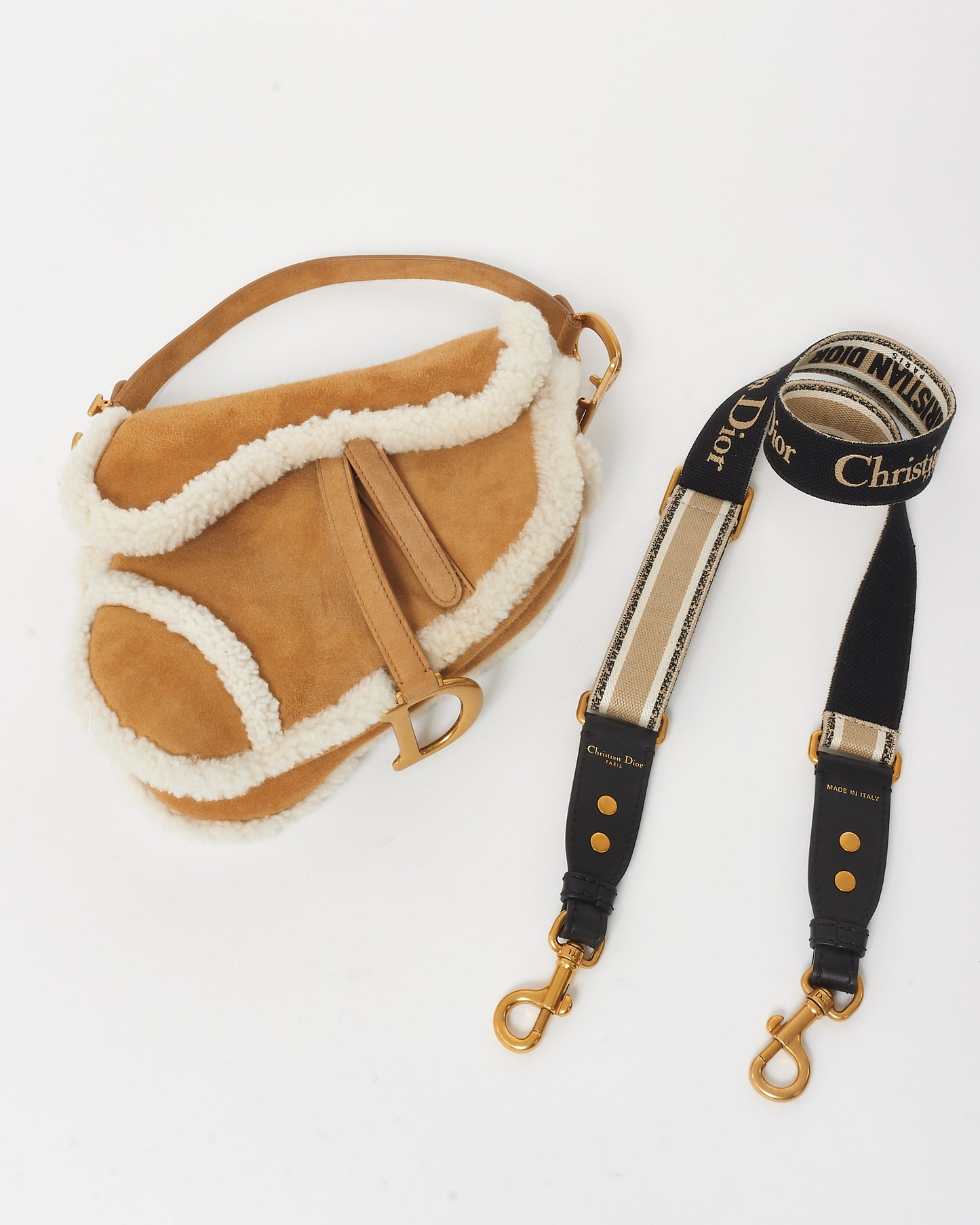 Dior Shearling Saddle Bag W/ Logo Embroidered Strap