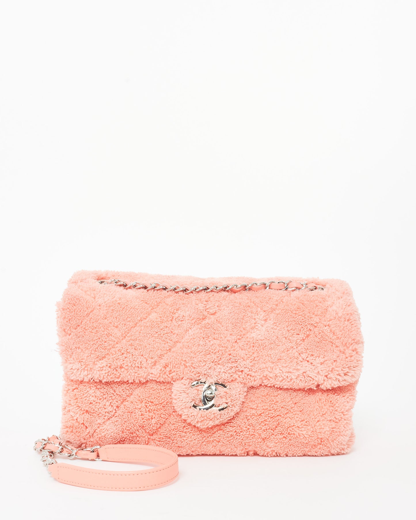 Chanel Pink Terry Cloth Shearling Single Flap Bag