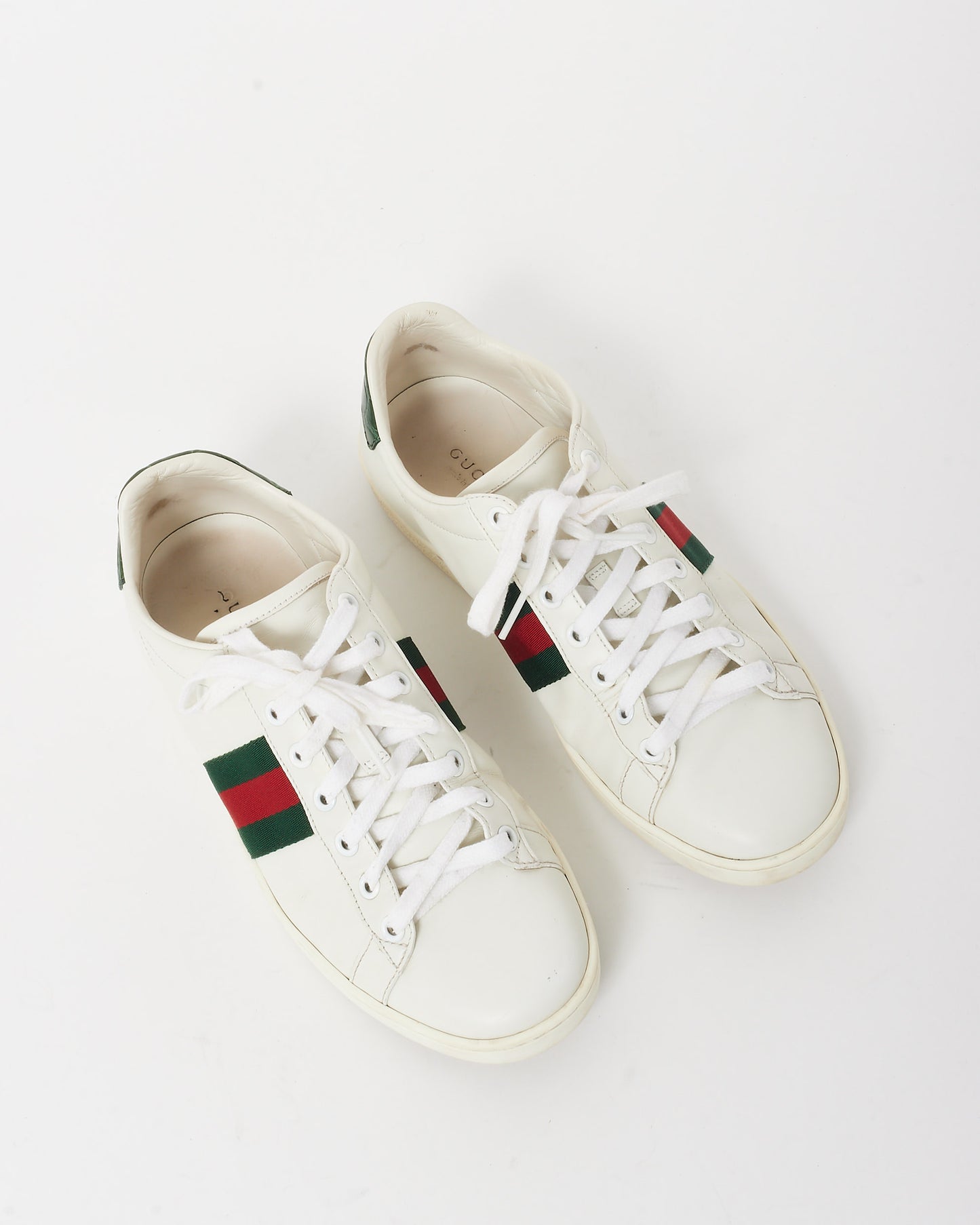 Gucci White Leather W/ Green & Red Stripe Ace Sneakers - 39