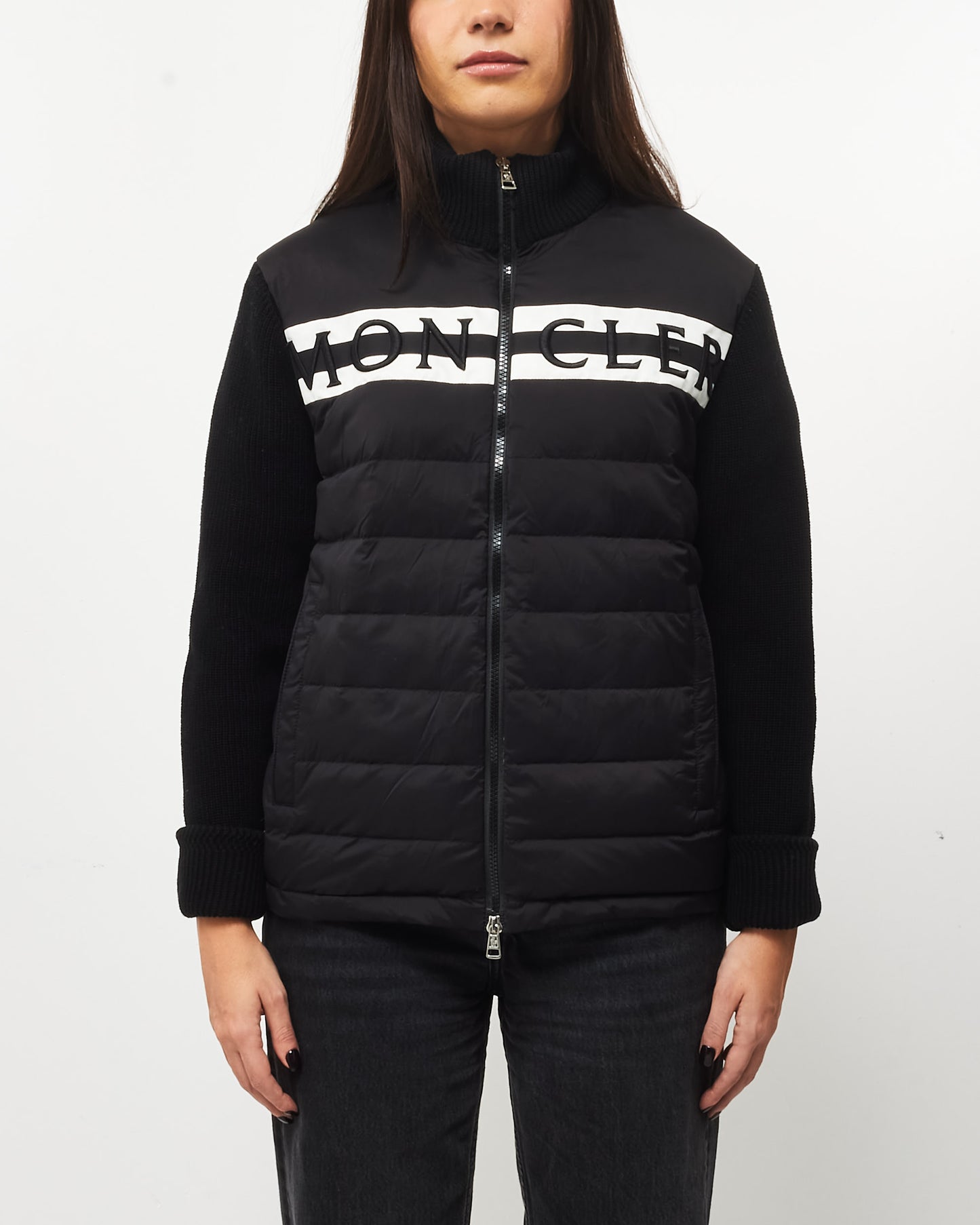 Moncler Black Knit & Nylon White Logo Jacket - L
