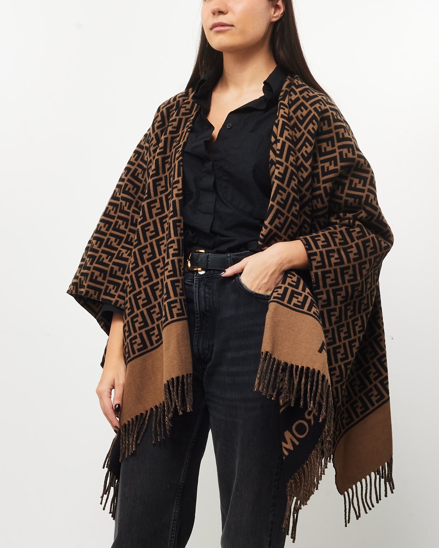 Fendi Brown Zucca Print Wool & Fleece Poncho