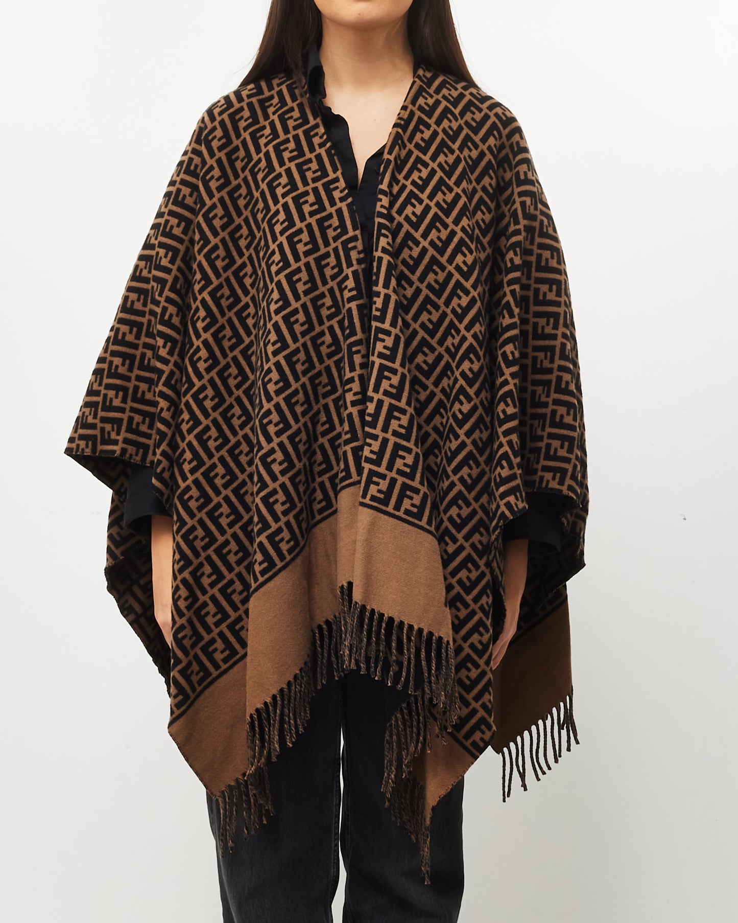Fendi Brown Zucca Print Wool & Fleece Poncho