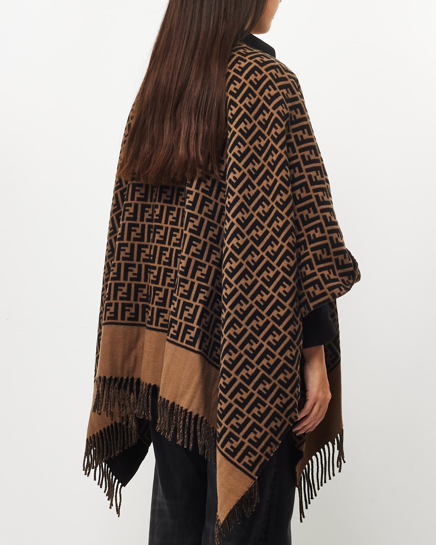 Fendi Brown Zucca Print Wool & Fleece Poncho