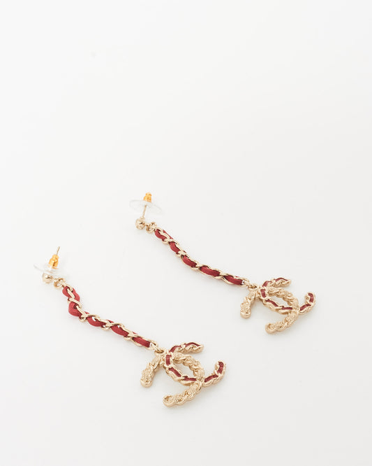 Chanel Gold Logo & Red Leather Chain Drop Earrings