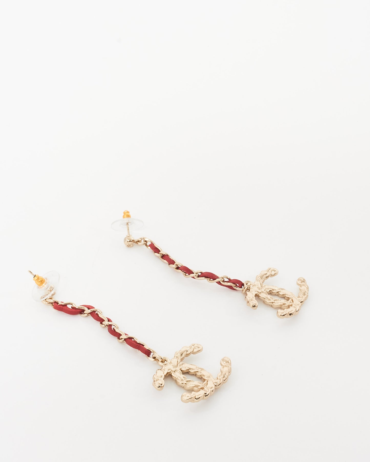 Chanel Gold Logo & Red Leather Chain Drop Earrings