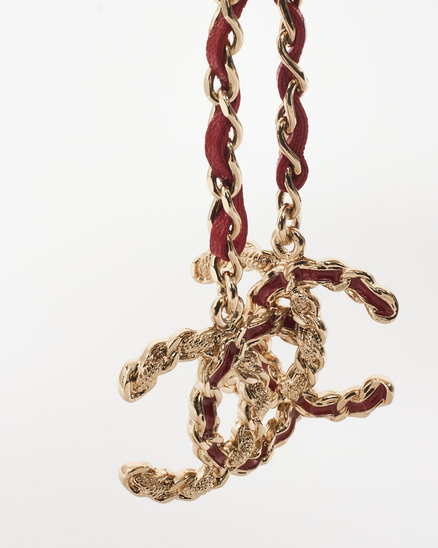 Chanel Gold Logo & Red Leather Chain Drop Earrings