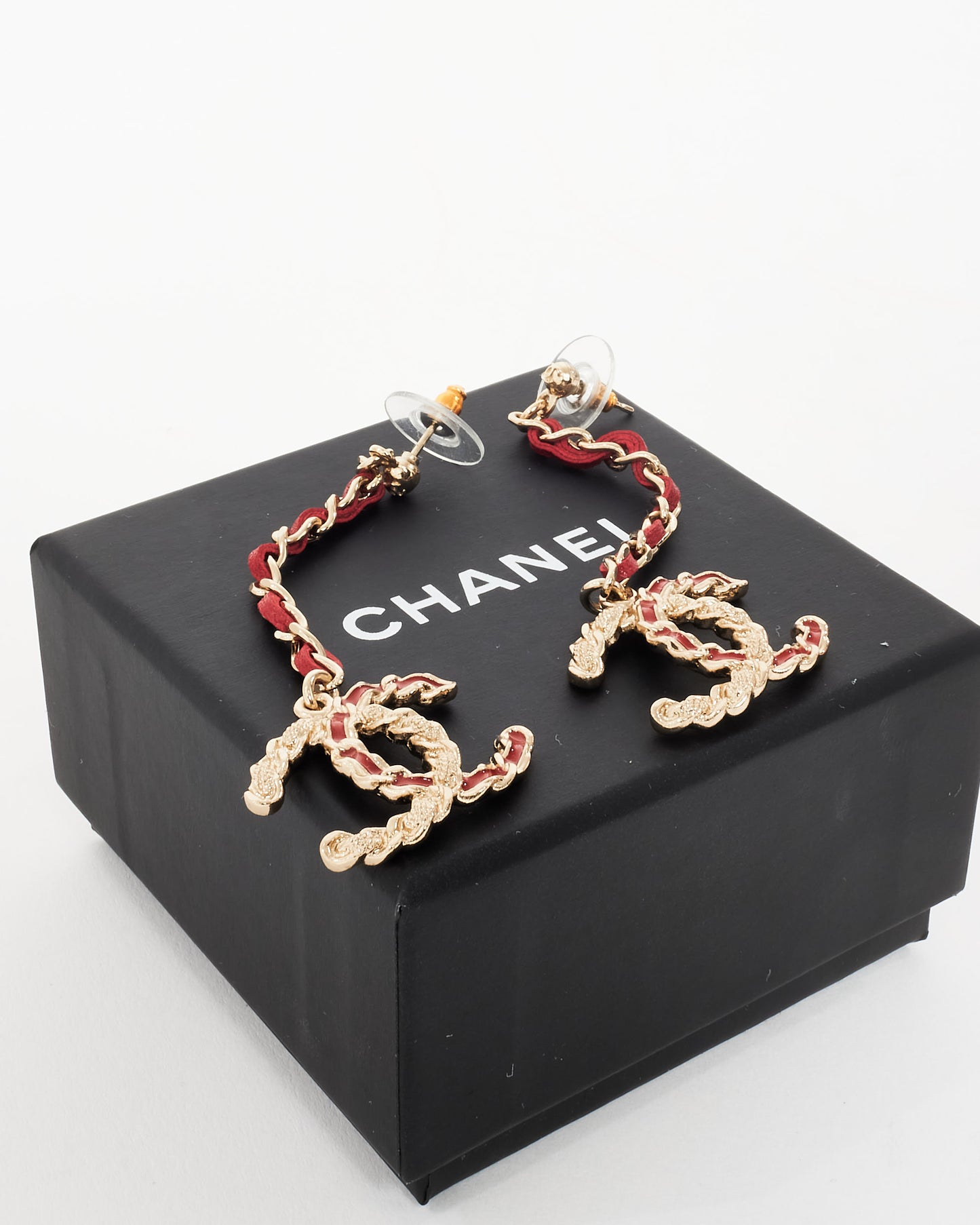 Chanel Gold Logo & Red Leather Chain Drop Earrings